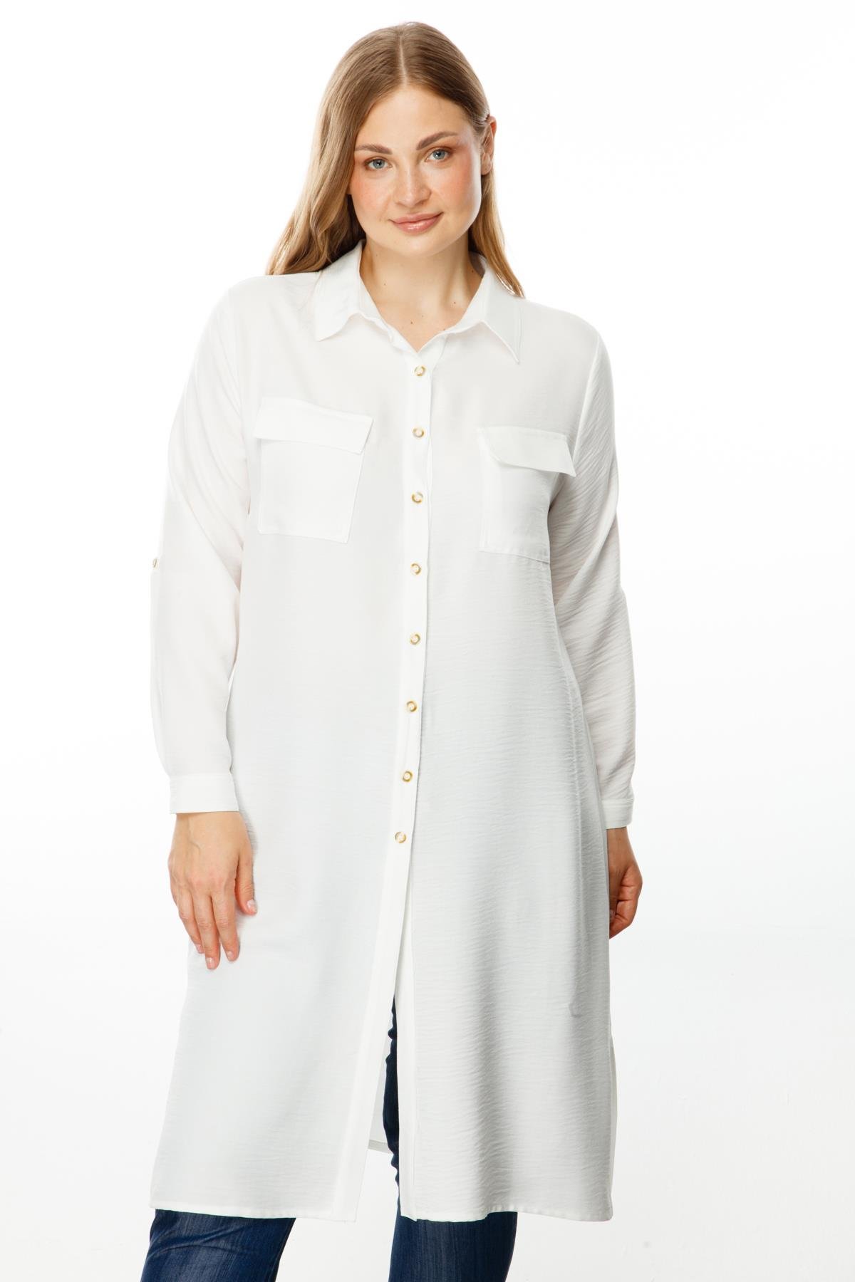 Modailgi  Cep Kapaklı Keten Tunik Ekru