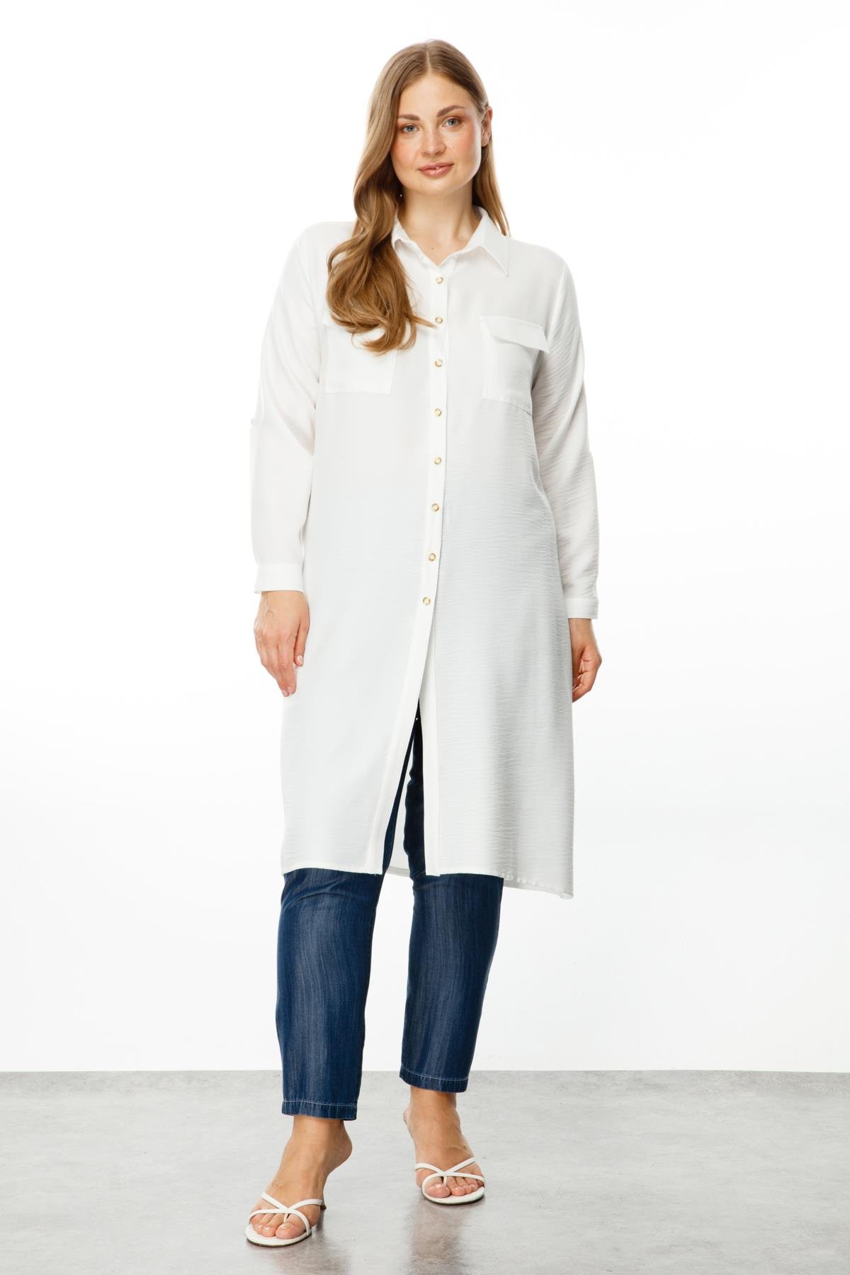 Modailgi  Cep Kapaklı Keten Tunik Ekru