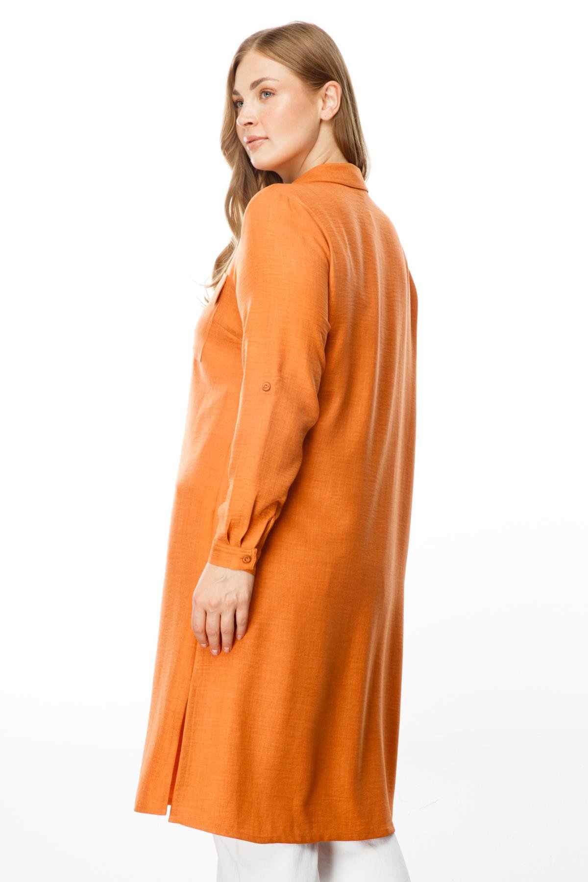 Modailgi  Cep Kapaklı Keten Tunik Tarçın