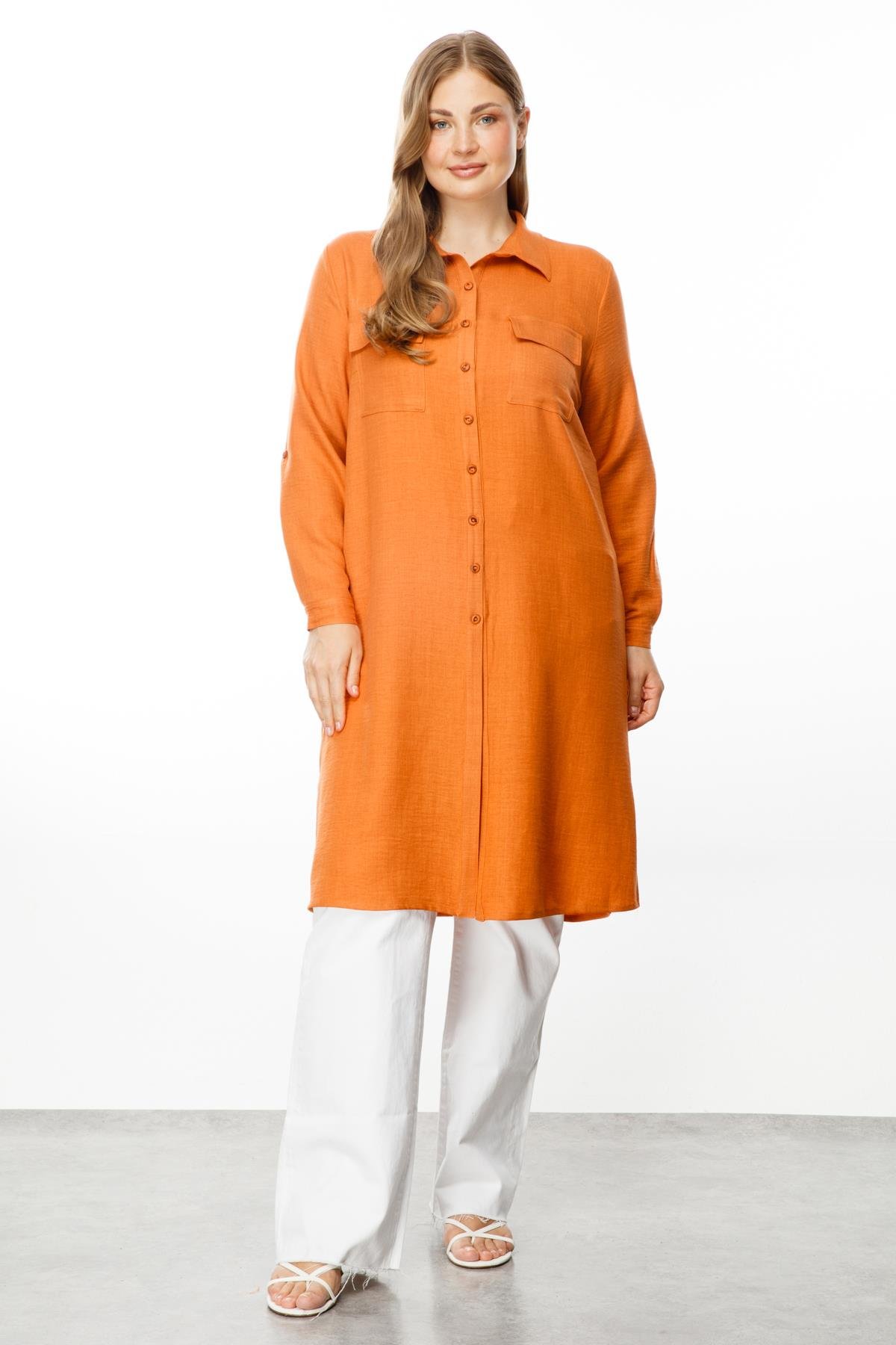 Modailgi  Cep Kapaklı Keten Tunik Tarçın