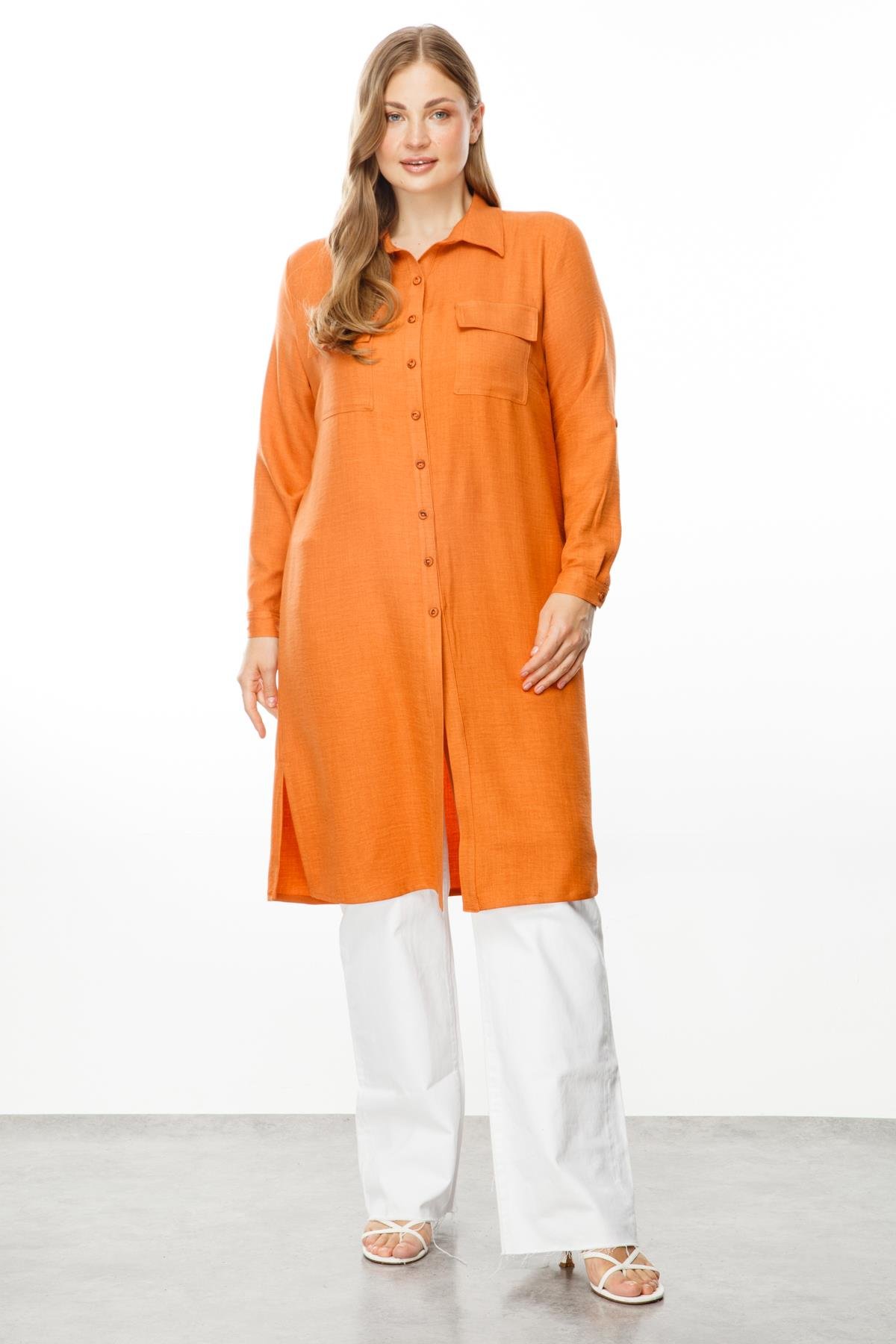 Modailgi  Cep Kapaklı Keten Tunik Tarçın