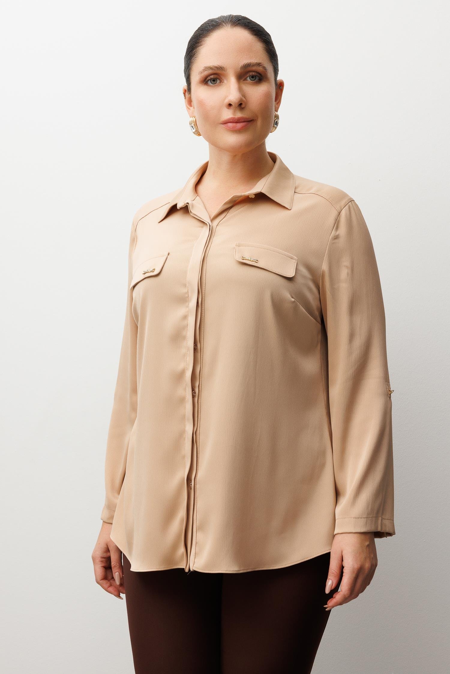 Modailgi  Cep Kapaklı Kolları Apoletli Saten Gömlek Camel