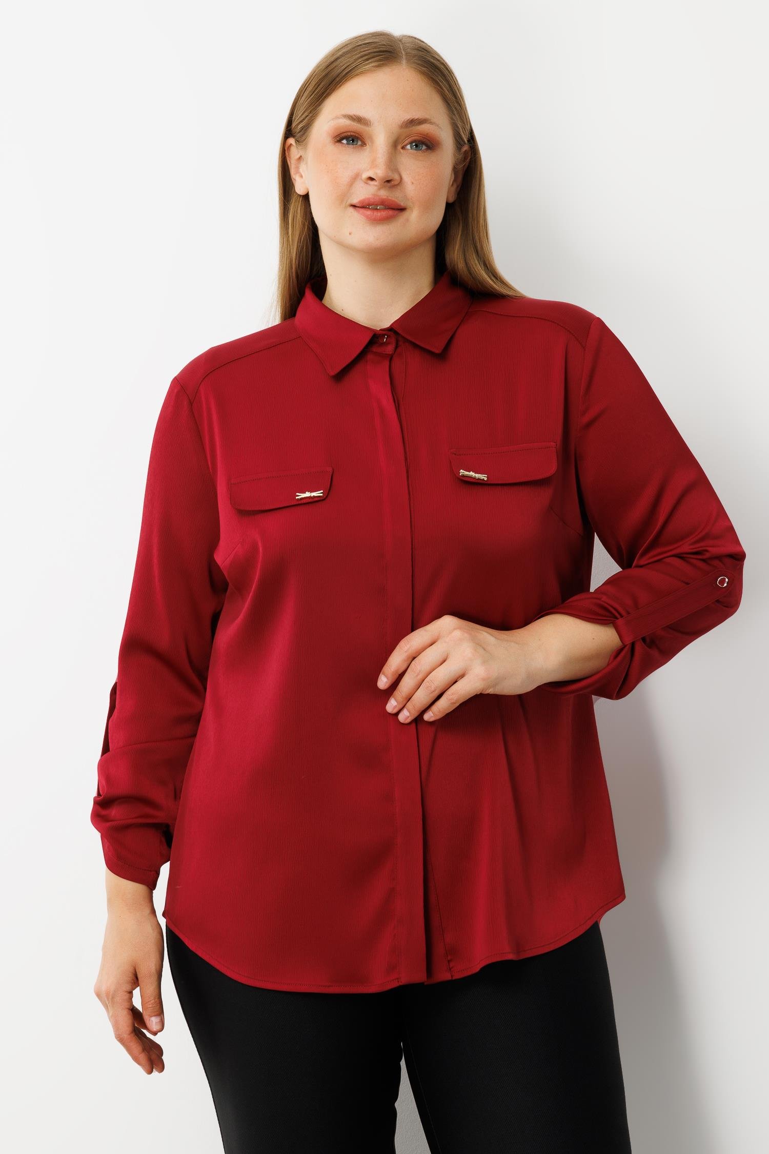 Modailgi  Cep Kapaklı Kolları Apoletli Saten Gömlek Bordo