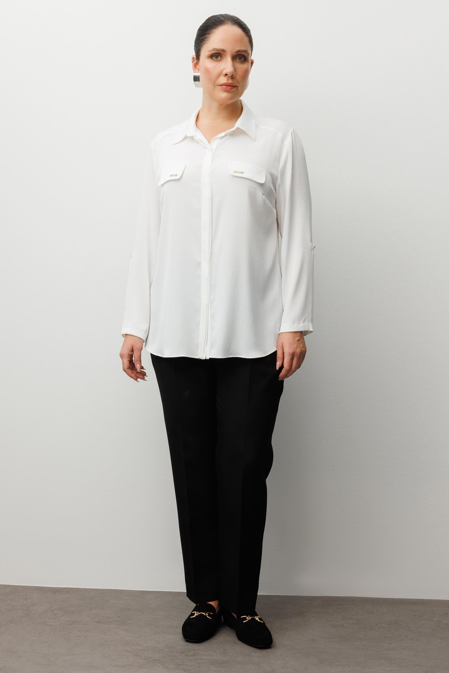 Modailgi  Cep Kapaklı Kolları Apoletli Saten Gömlek Ekru