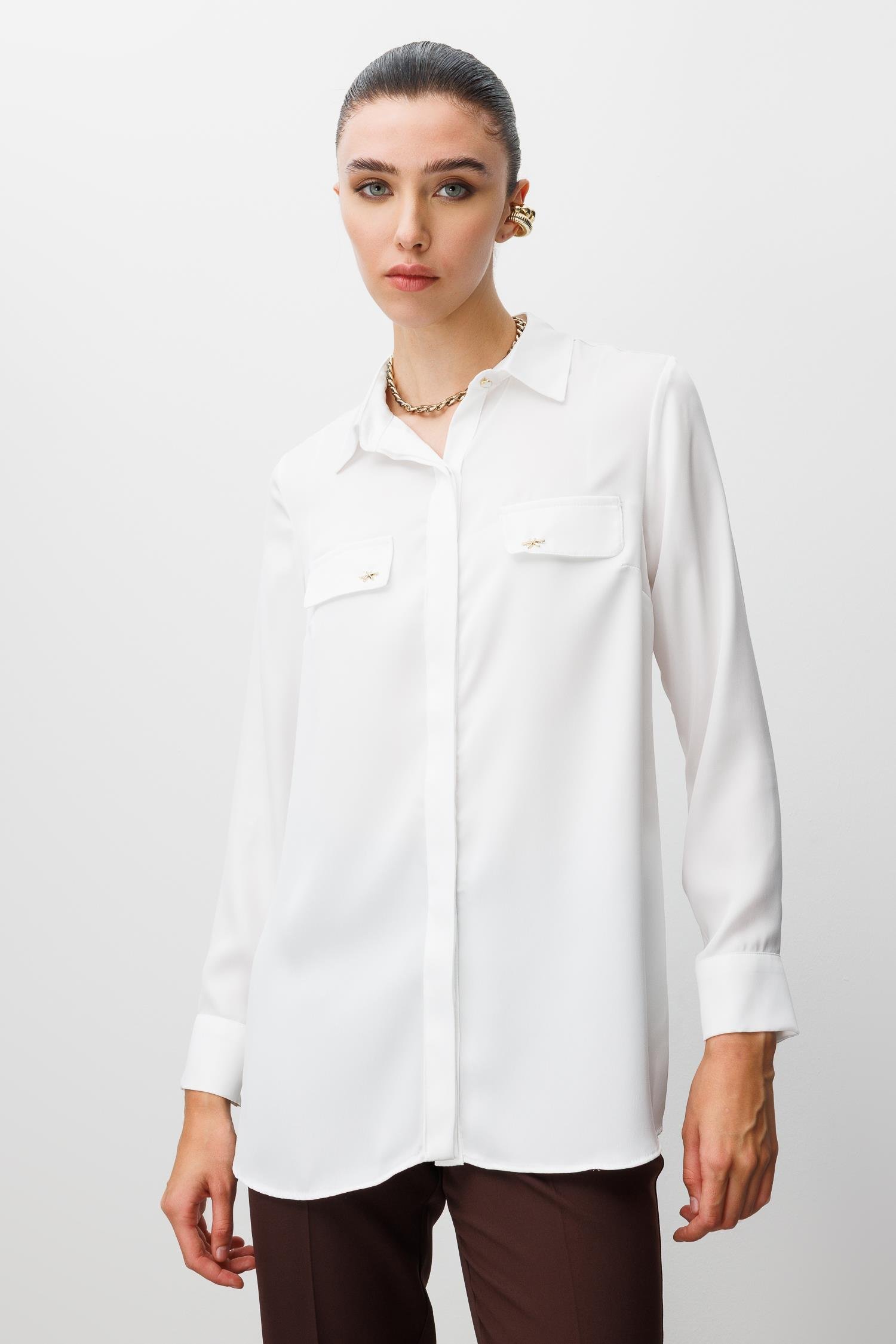Modailgi  Cep Kapaklı Kolları Apoletli Saten Gömlek Ekru