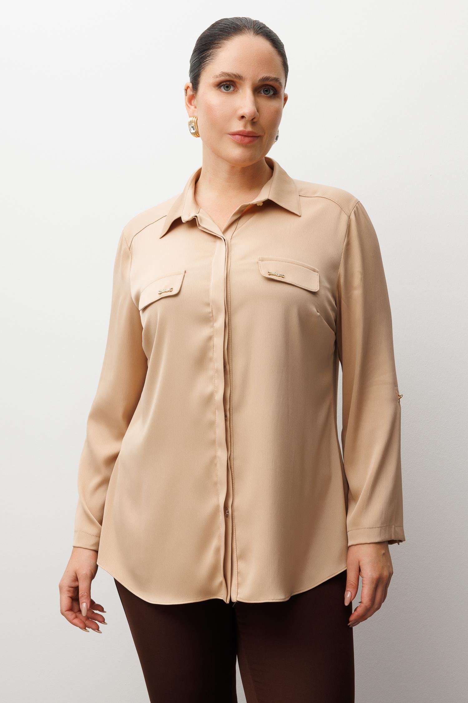 Modailgi  Cep Kapaklı Kolları Apoletli Saten Gömlek Camel