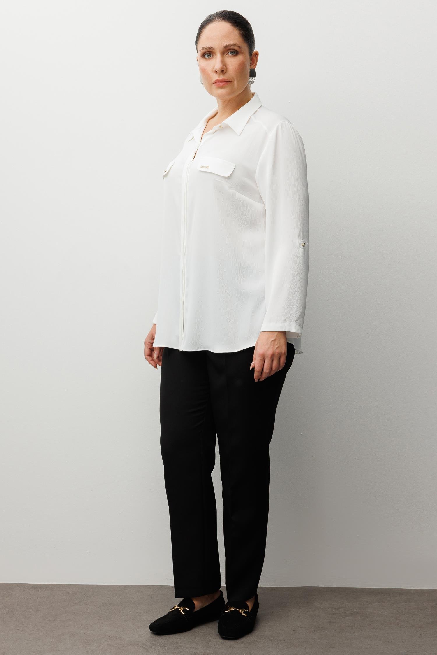 Modailgi  Cep Kapaklı Kolları Apoletli Saten Gömlek Ekru