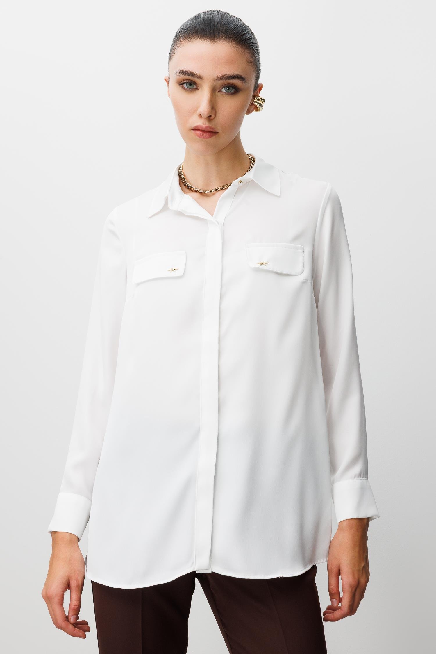 Modailgi  Cep Kapaklı Kolları Apoletli Saten Gömlek Ekru