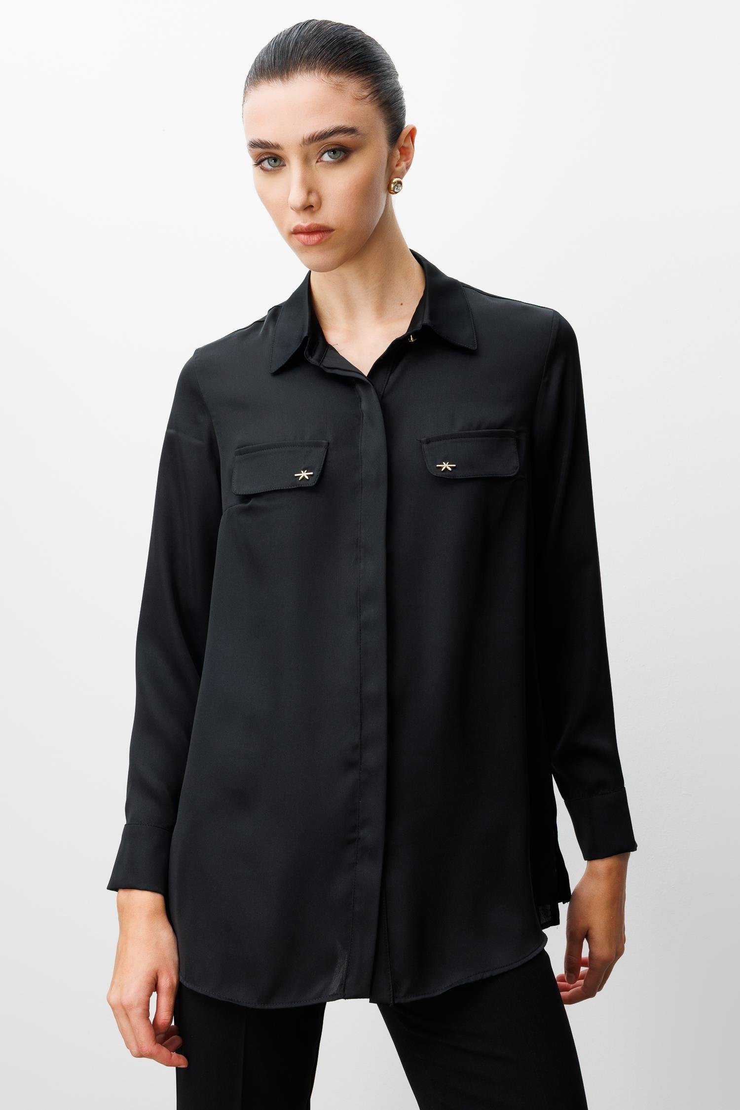 Modailgi  Cep Kapaklı Kolları Apoletli Saten Gömlek Siyah