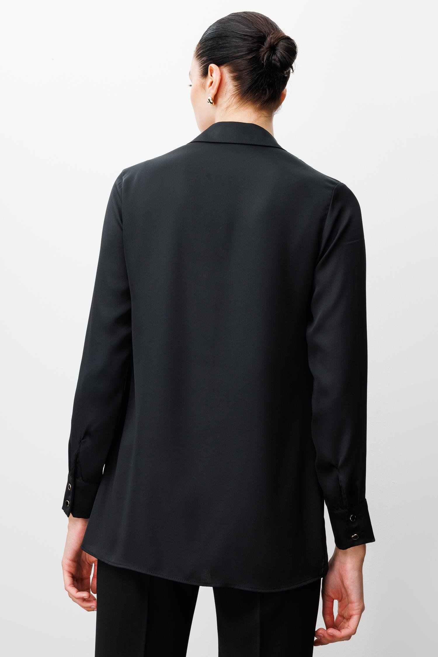 Modailgi  Cep Kapaklı Kolları Apoletli Saten Gömlek Siyah