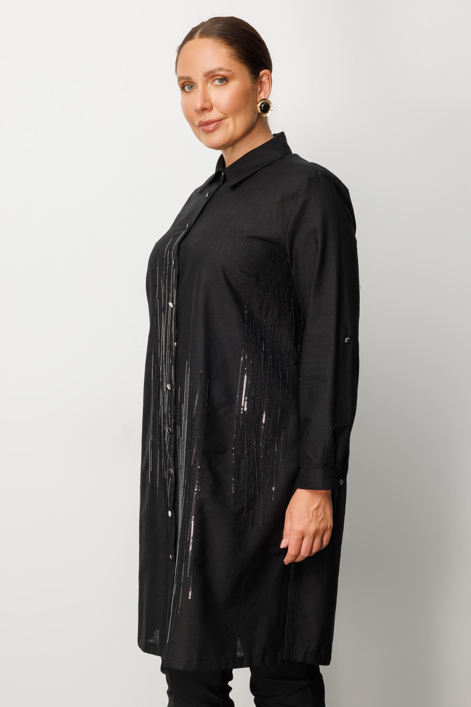 Modailgi  Cep Kapaklı Pul Nakış Detaylı Tunik Siyah