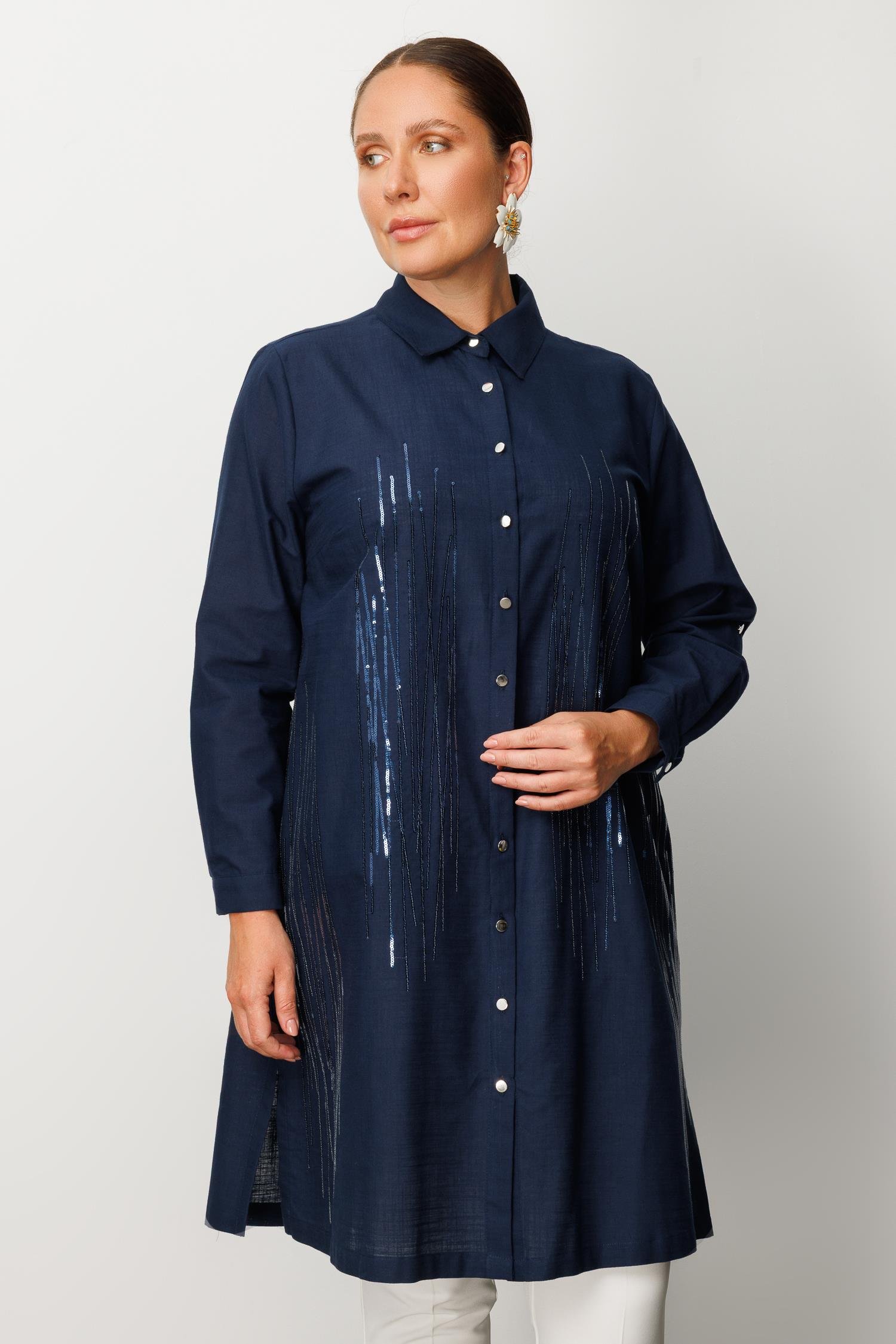 Modailgi  Cep Kapaklı Pul Nakış Detaylı Tunik Lacivert