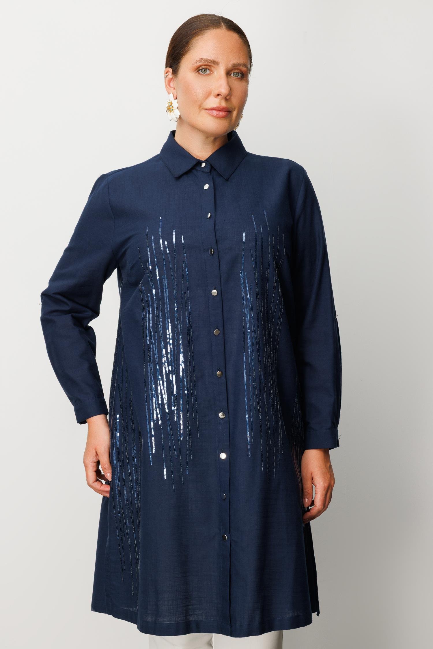 Modailgi  Cep Kapaklı Pul Nakış Detaylı Tunik Lacivert