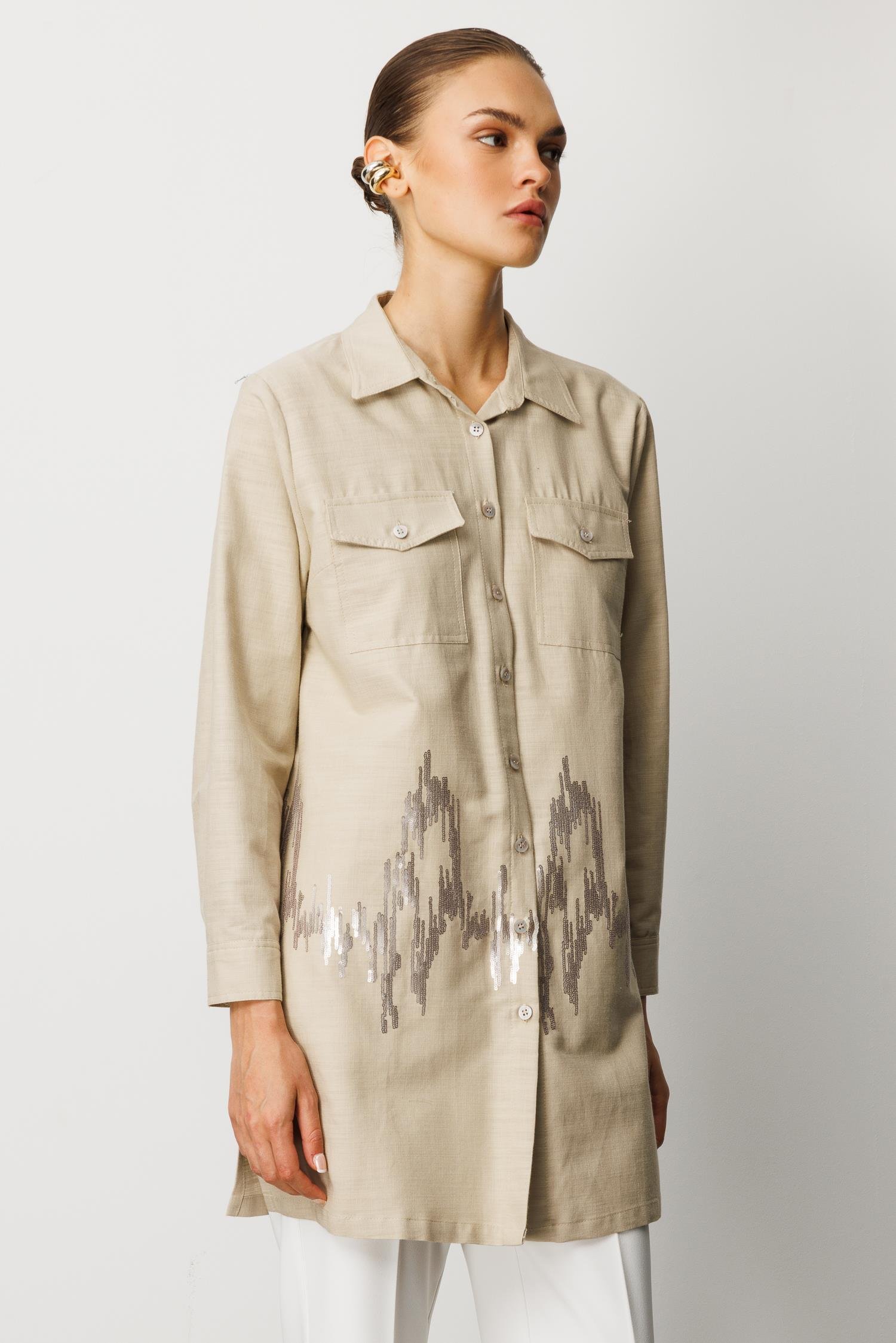 Modailgi  Cep Kapaklı Pul Nakış Detaylı Tunik Vizon