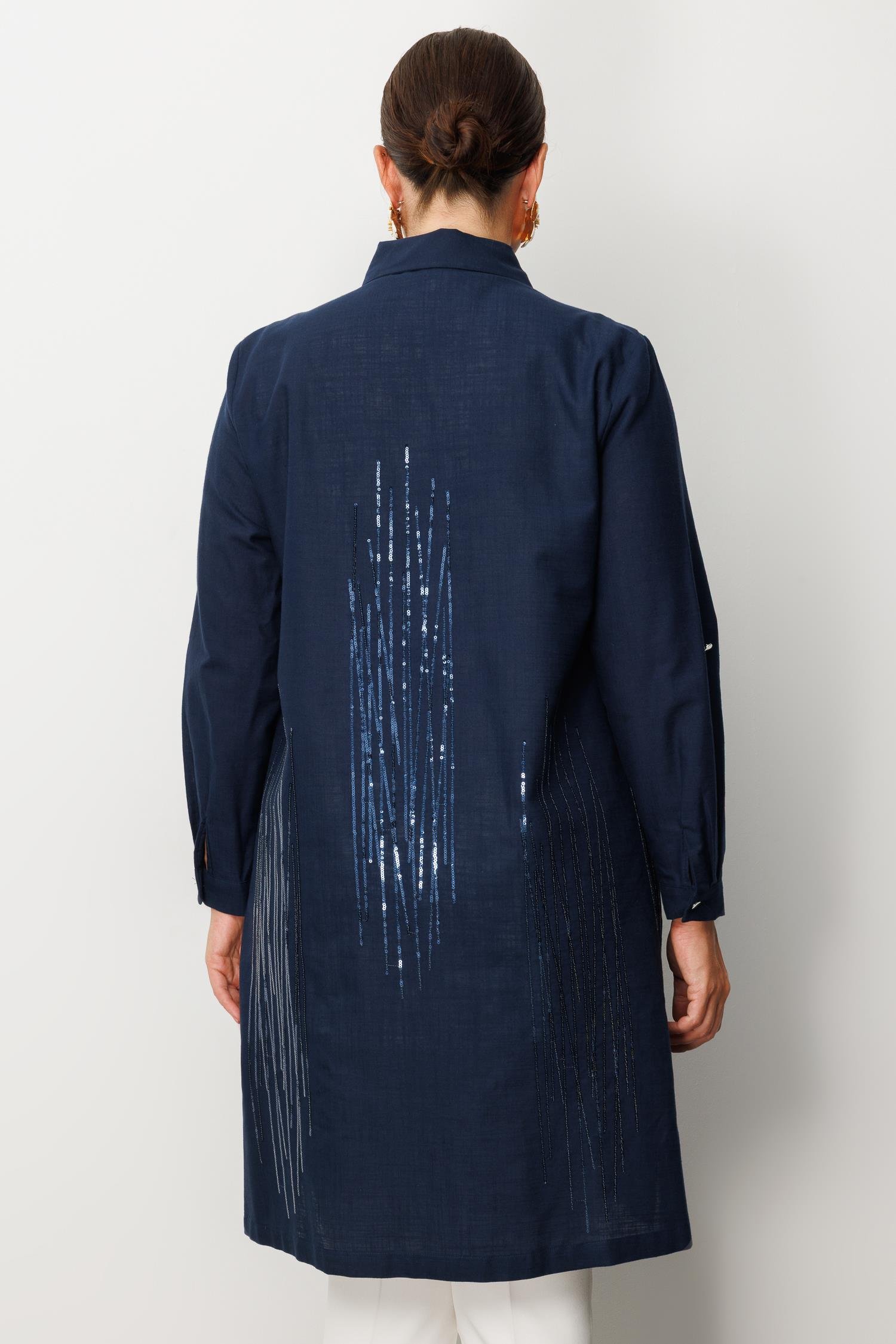 Modailgi  Cep Kapaklı Pul Nakış Detaylı Tunik Lacivert