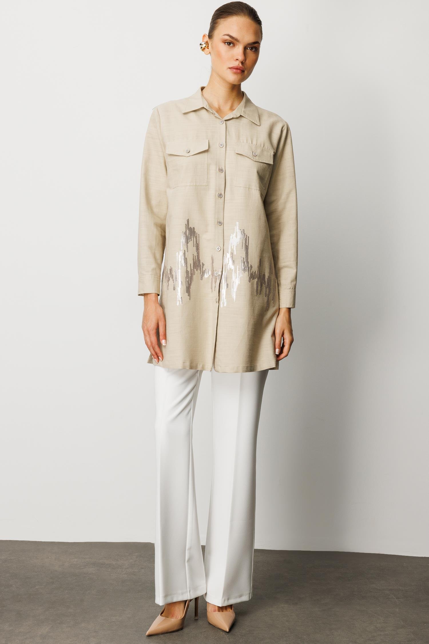 Modailgi  Cep Kapaklı Pul Nakış Detaylı Tunik Vizon