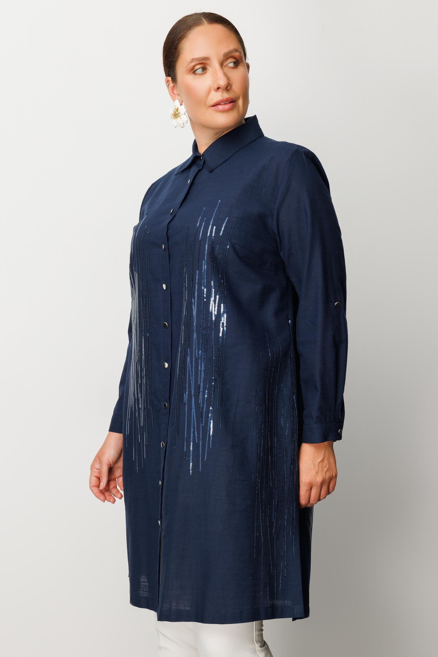 Modailgi  Cep Kapaklı Pul Nakış Detaylı Tunik Lacivert