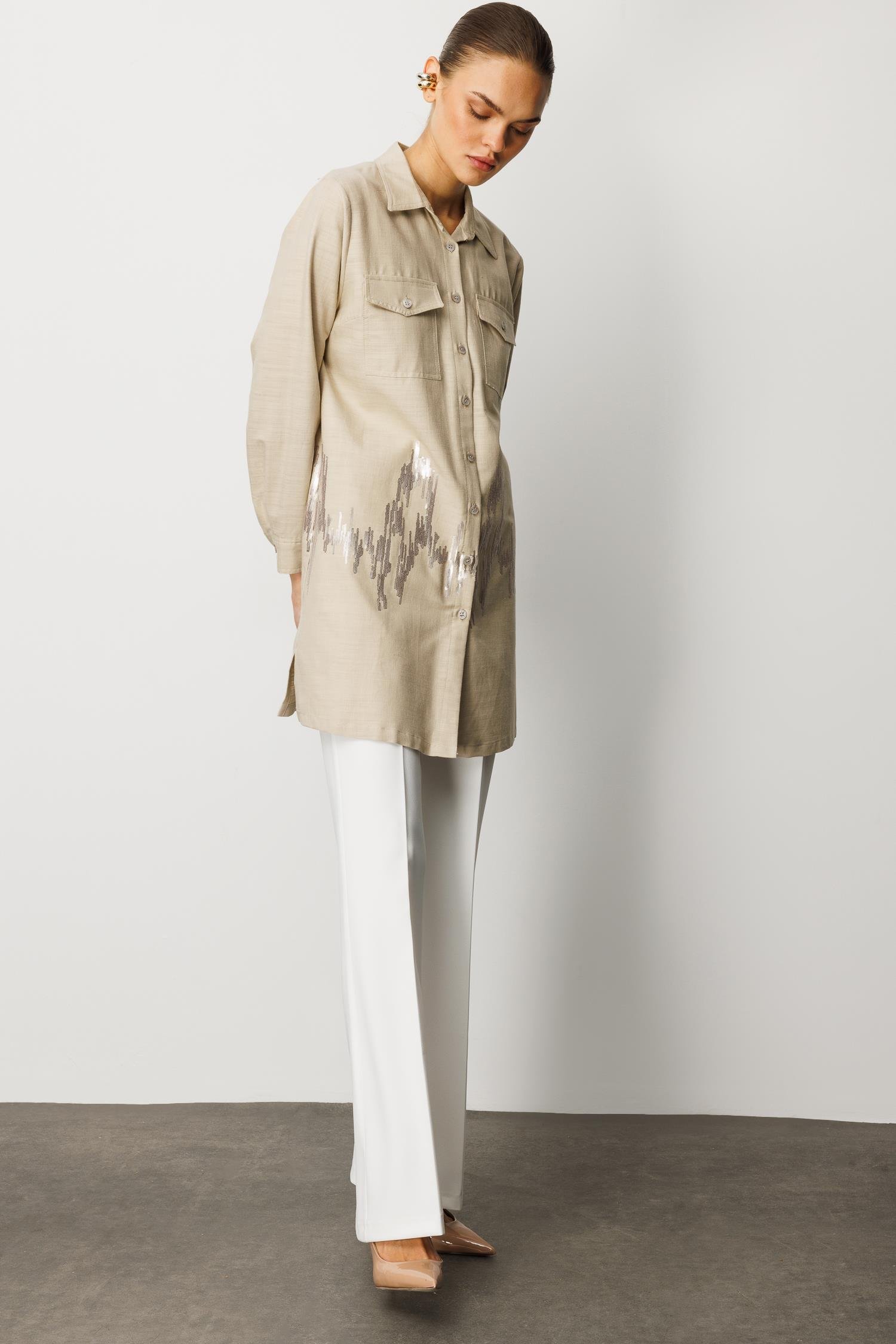 Modailgi  Cep Kapaklı Pul Nakış Detaylı Tunik Vizon