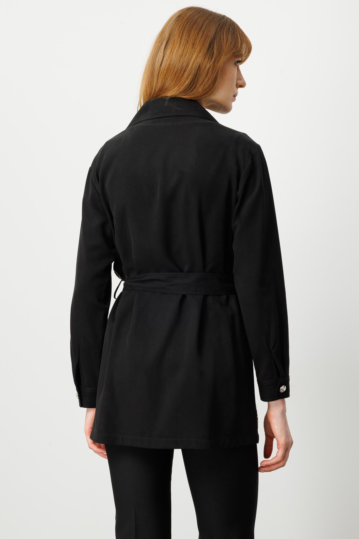 Modailgi  Cep Kapaklı Takma Kollu Kazayağı Desenli Tunik Siyah