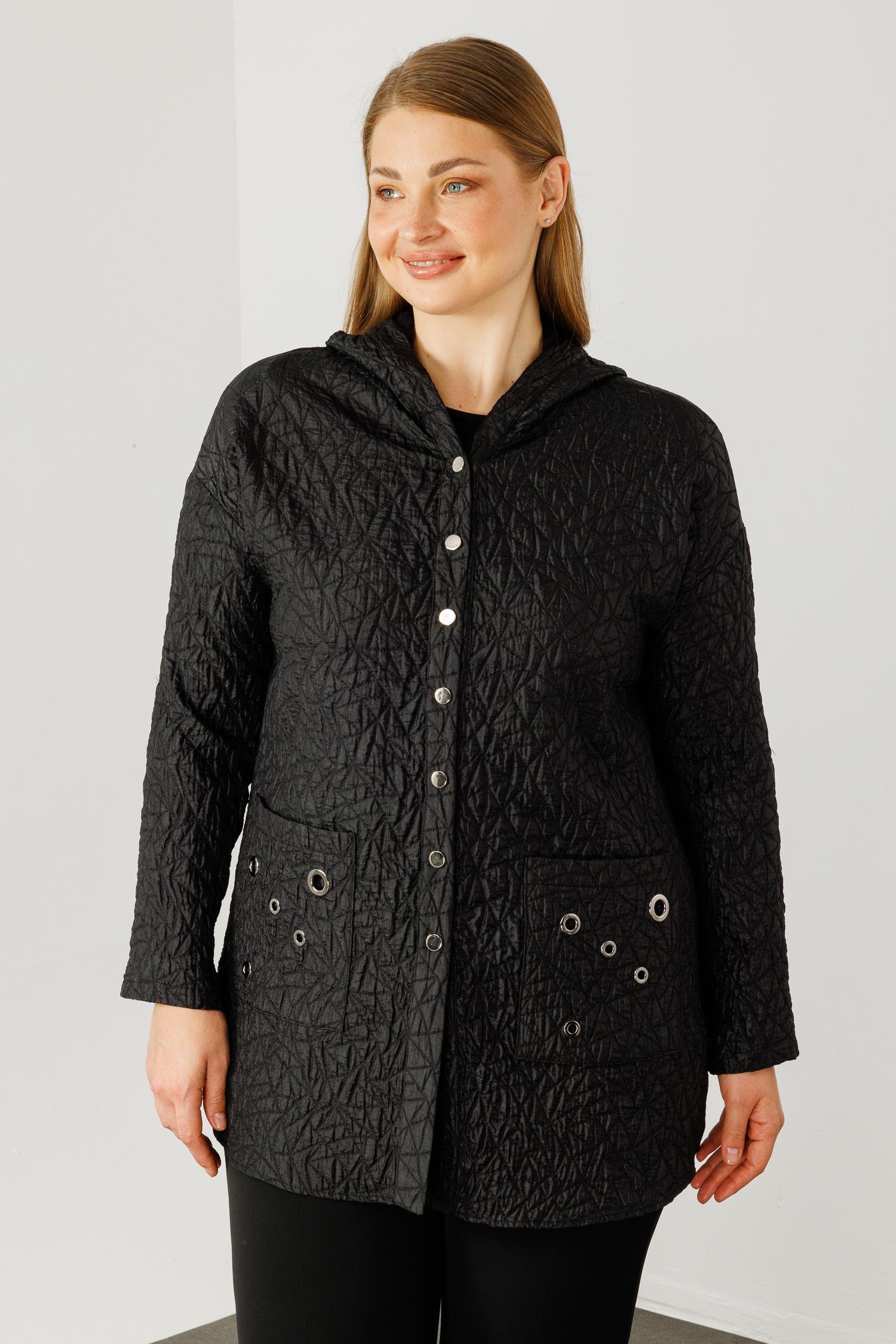 Modailgi  Cepleri Kuşgözü Detaylı Kapüşonlu Kapitone Tunik Siyah