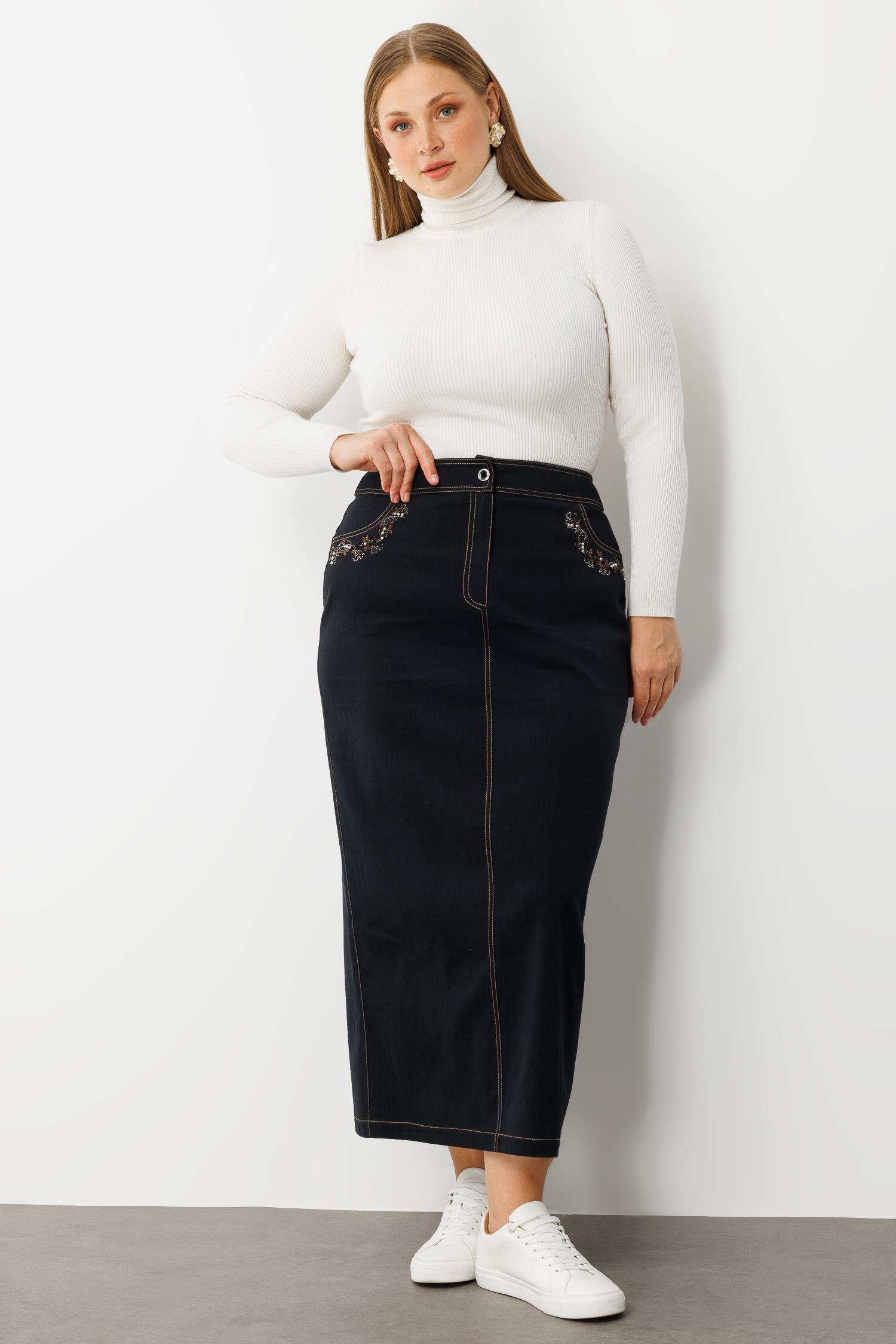 Modailgi  Cepleri Taş Detaylı Uzun Denim Etek - 60003 Lacivert