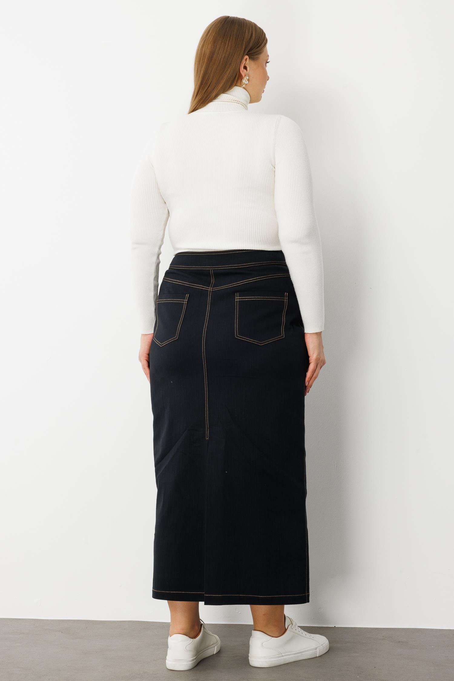 Modailgi  Cepleri Taş Detaylı Uzun Denim Etek - 60003 Lacivert