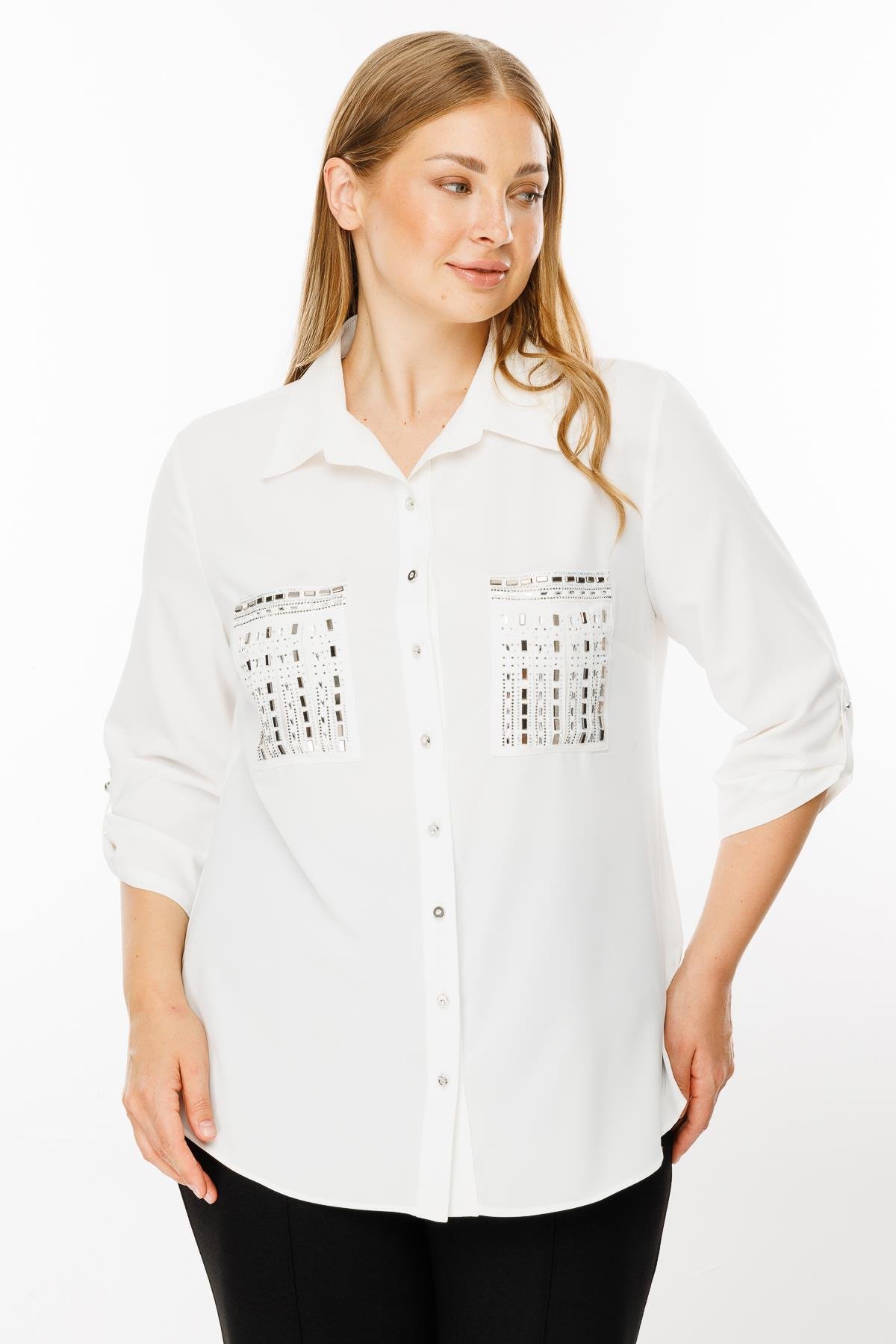 Modailgi  Cepleri Taşlı Gömlek Ekru