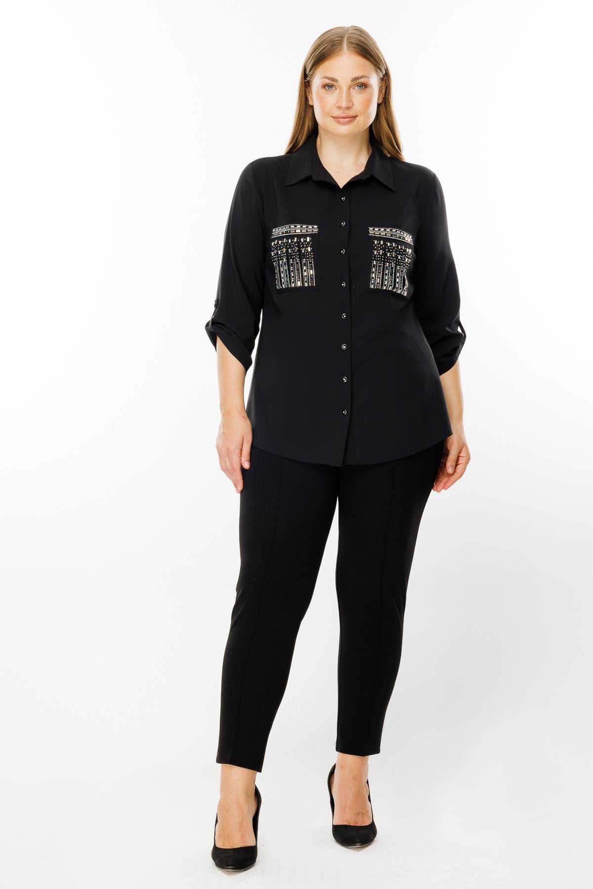 Modailgi  Cepleri Taşlı Gömlek Siyah