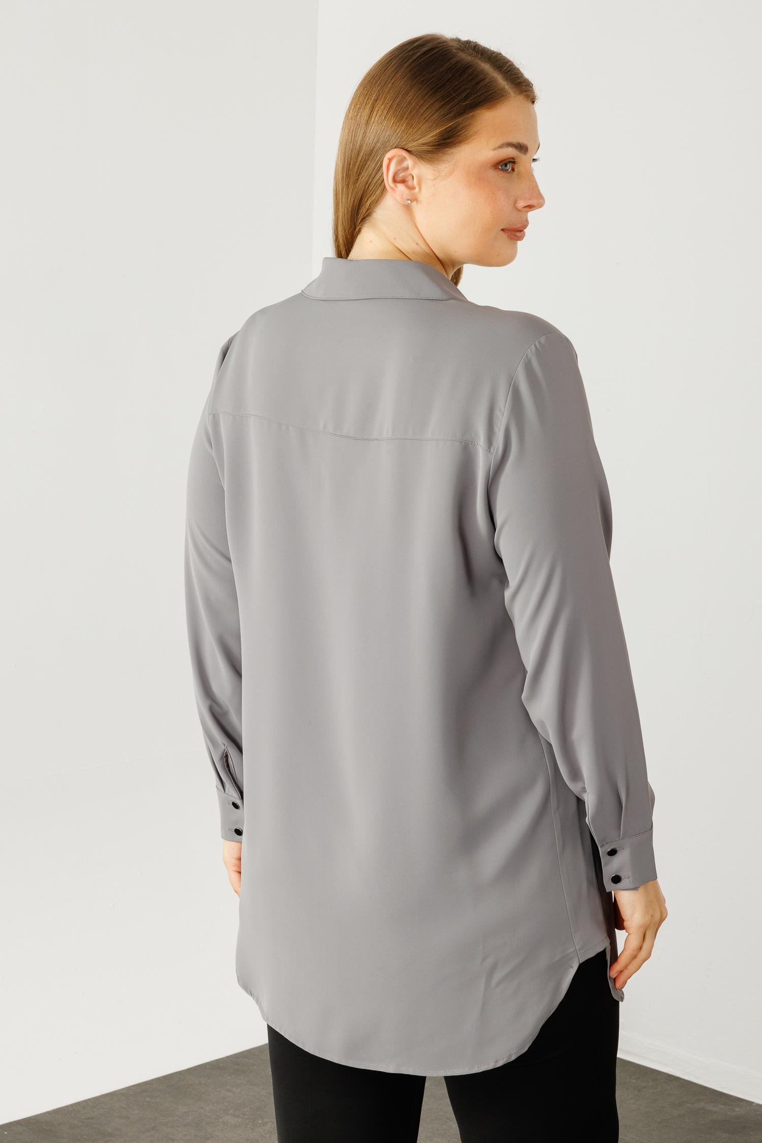 Modailgi  Çiçek Baskılı Uzun Gömlek Tunik Gri