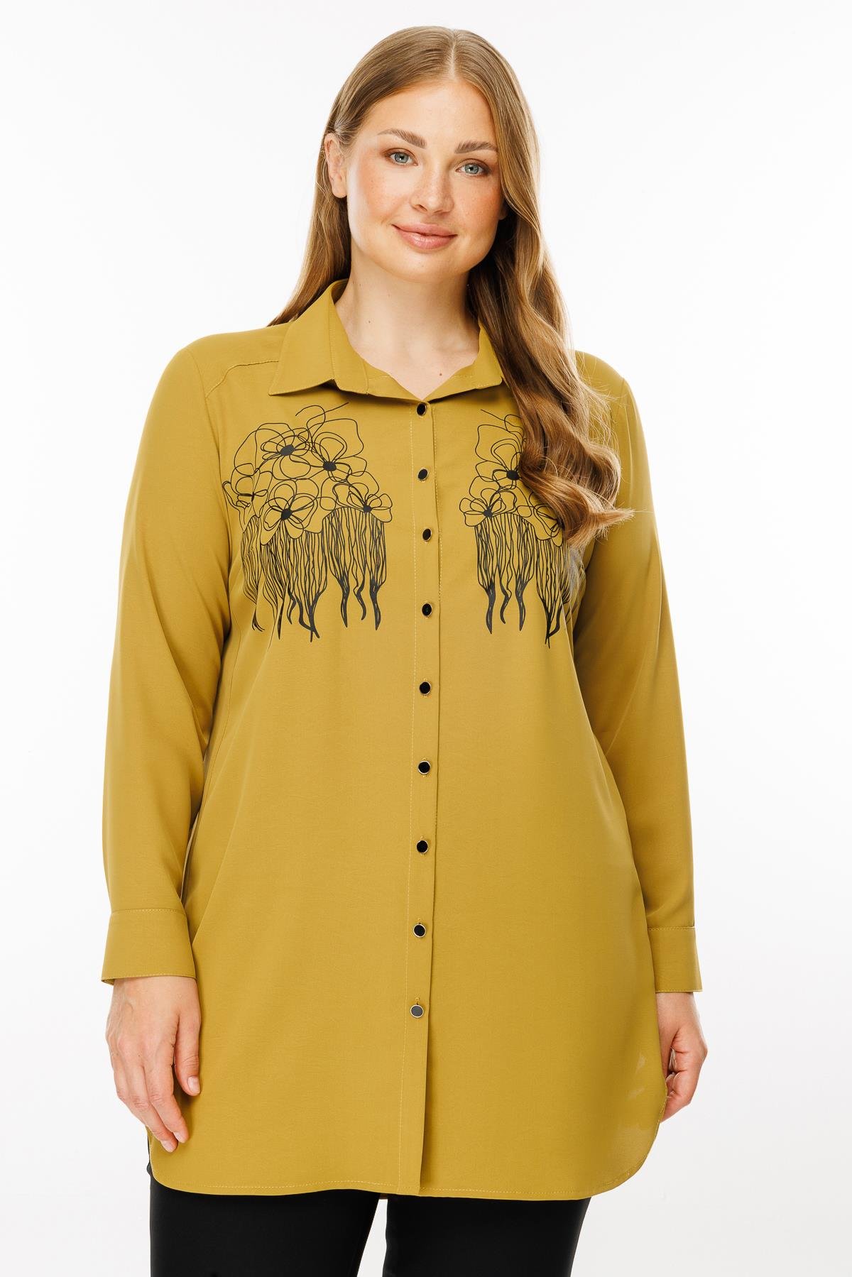 Modailgi  Çiçek Baskılı Uzun Gömlek Tunik Olive