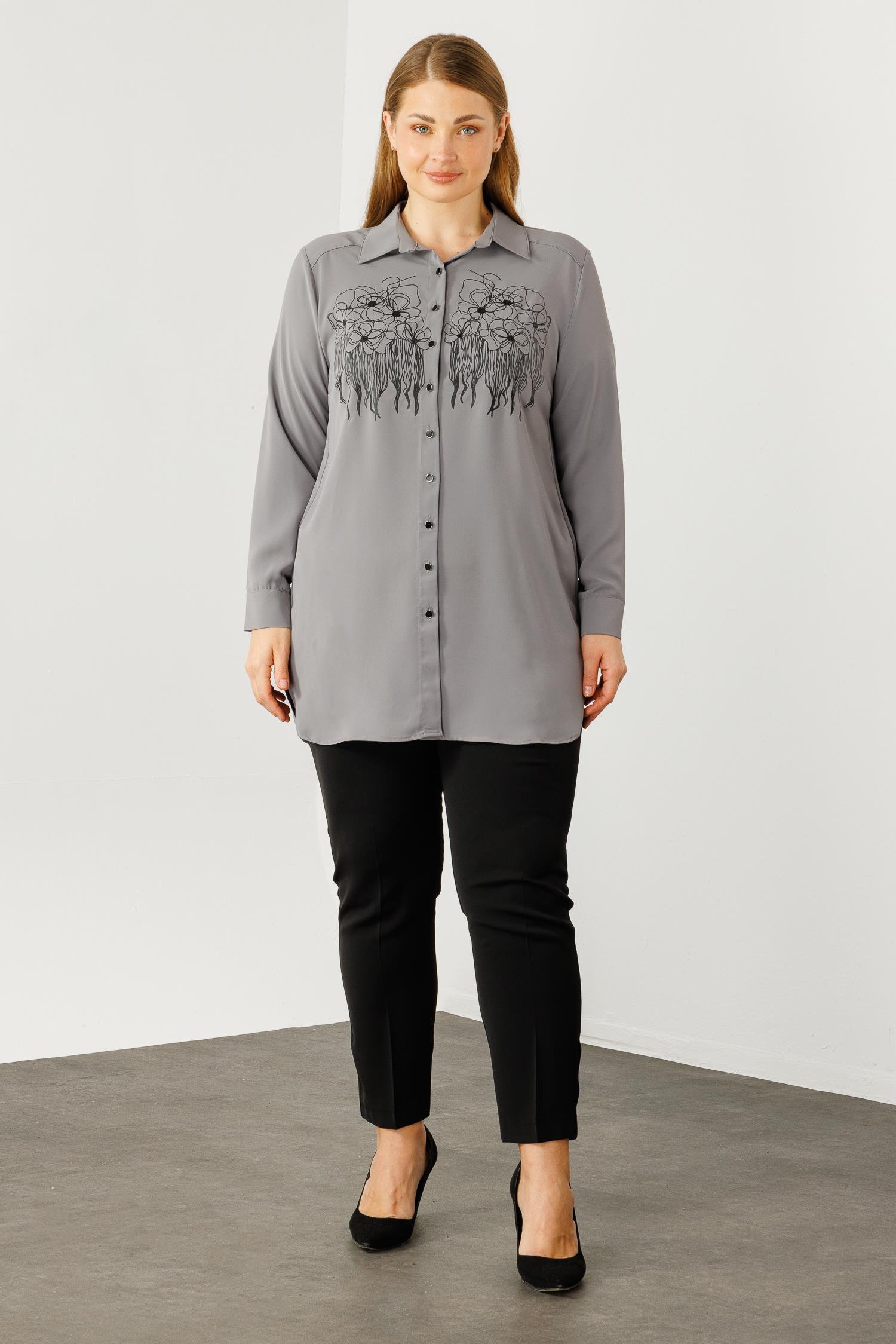 Modailgi  Çiçek Baskılı Uzun Gömlek Tunik Gri