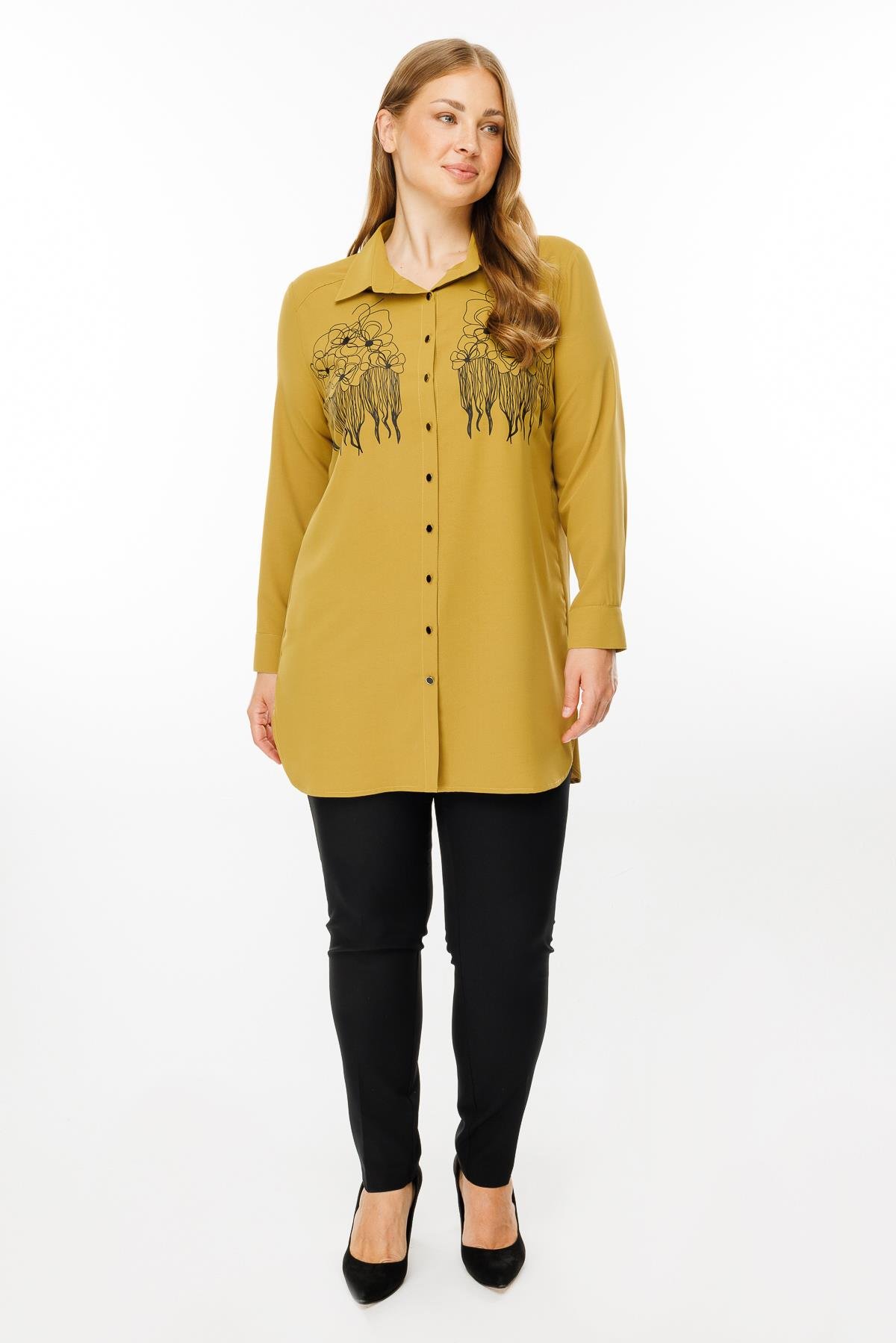 Modailgi  Çiçek Baskılı Uzun Gömlek Tunik Olive