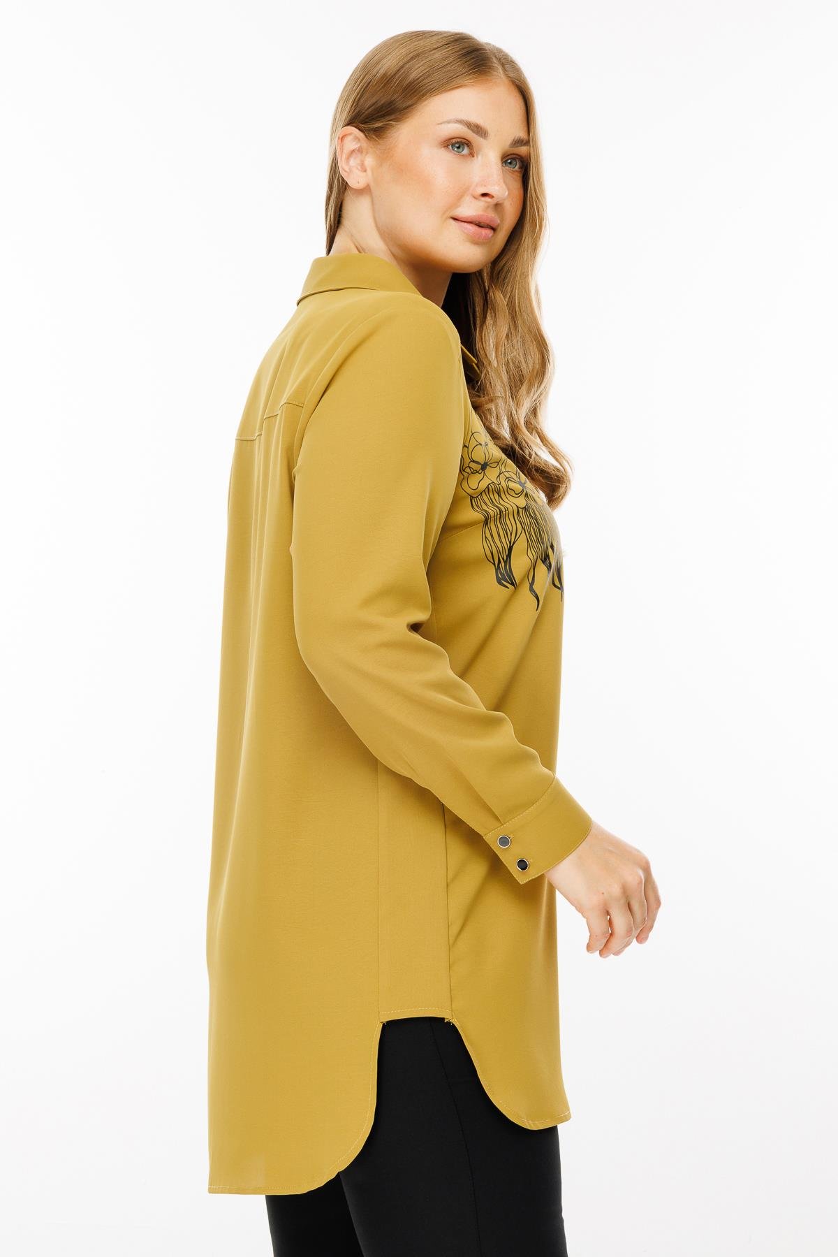 Modailgi  Çiçek Baskılı Uzun Gömlek Tunik Olive