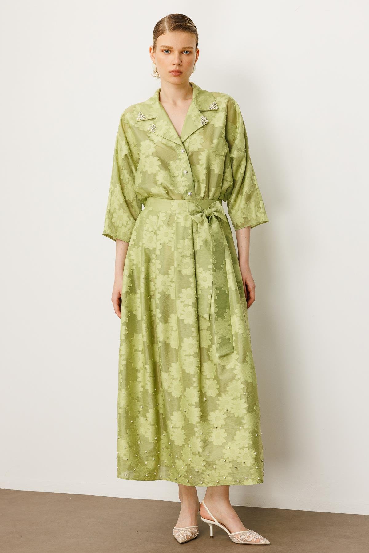 Modailgi  Çiçek Desenli Fiyonk Detaylı Yüksek Bel Etek Yeşil