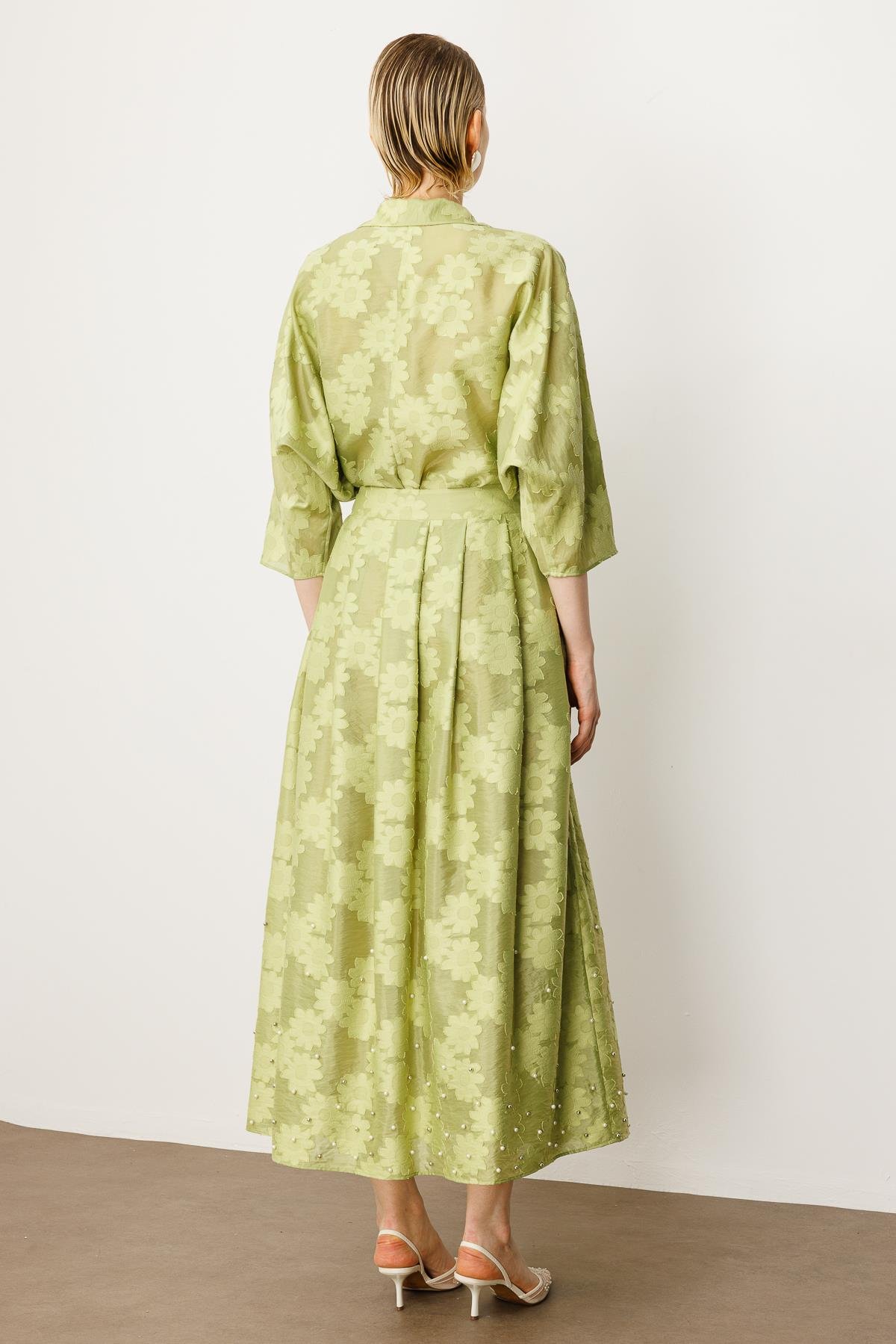 Modailgi  Çiçek Desenli Fiyonk Detaylı Yüksek Bel Etek Yeşil