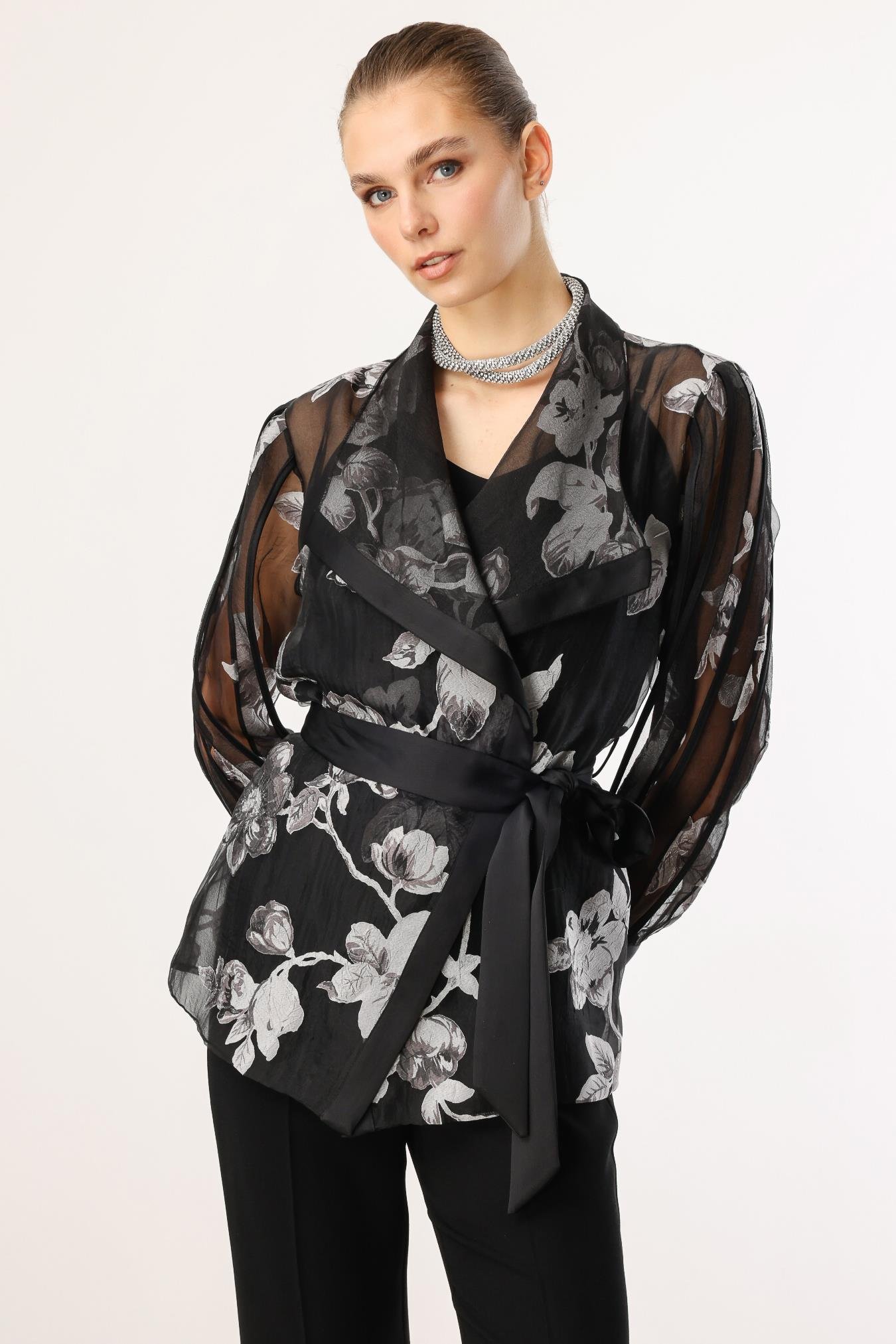 Modailgi  Çiçek Desenli Organze Tunik Siyah