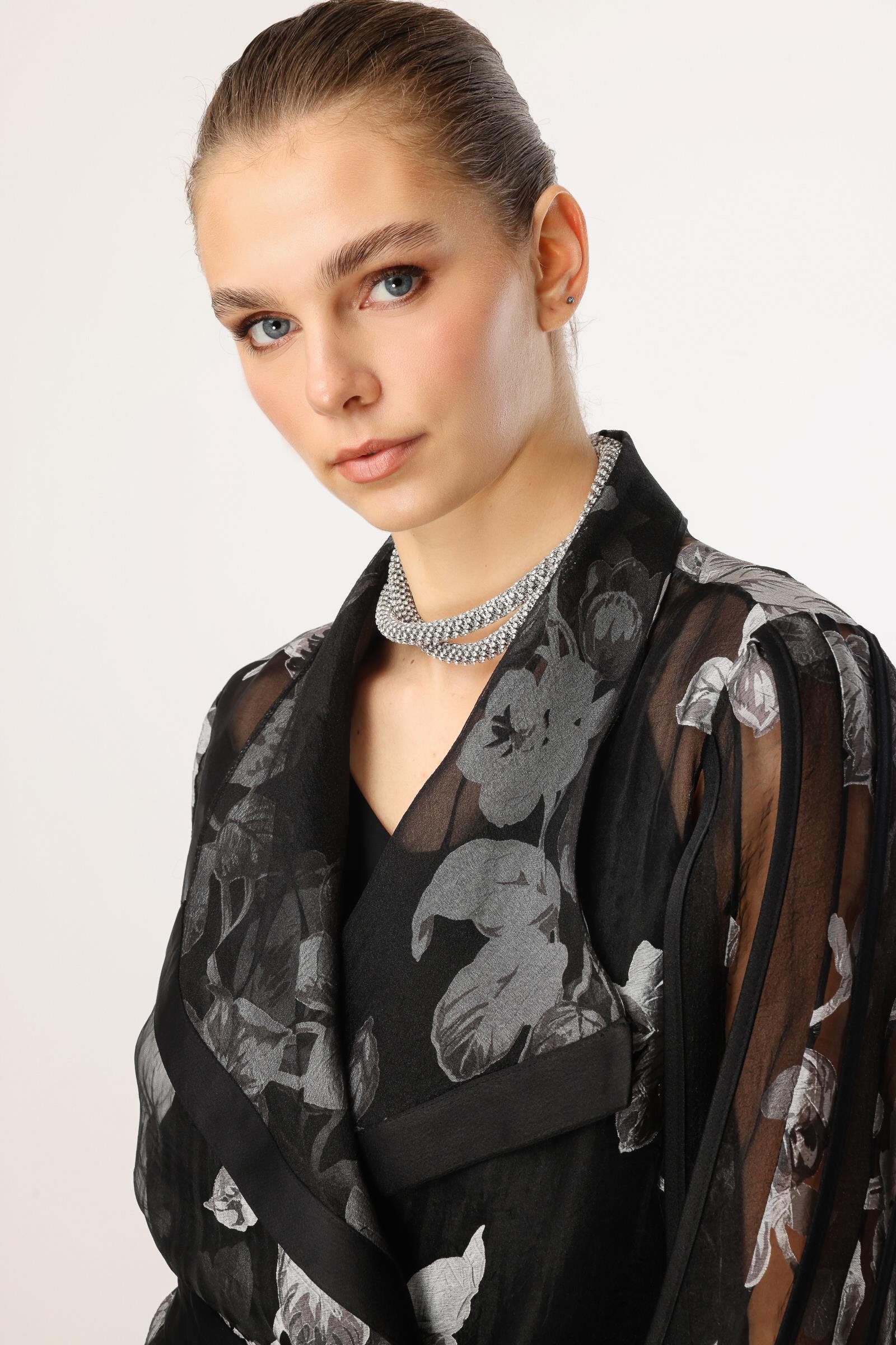 Modailgi  Çiçek Desenli Organze Tunik Siyah