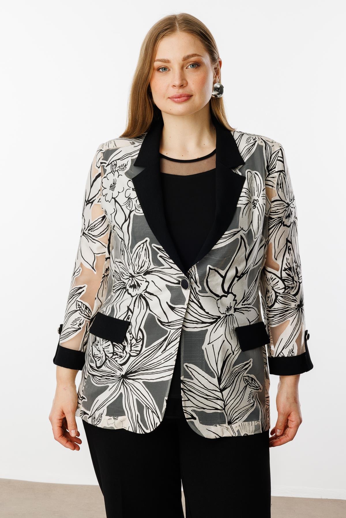 Modailgi  Çiçek Organzeli Truvakar Kol Ceket Orijinal