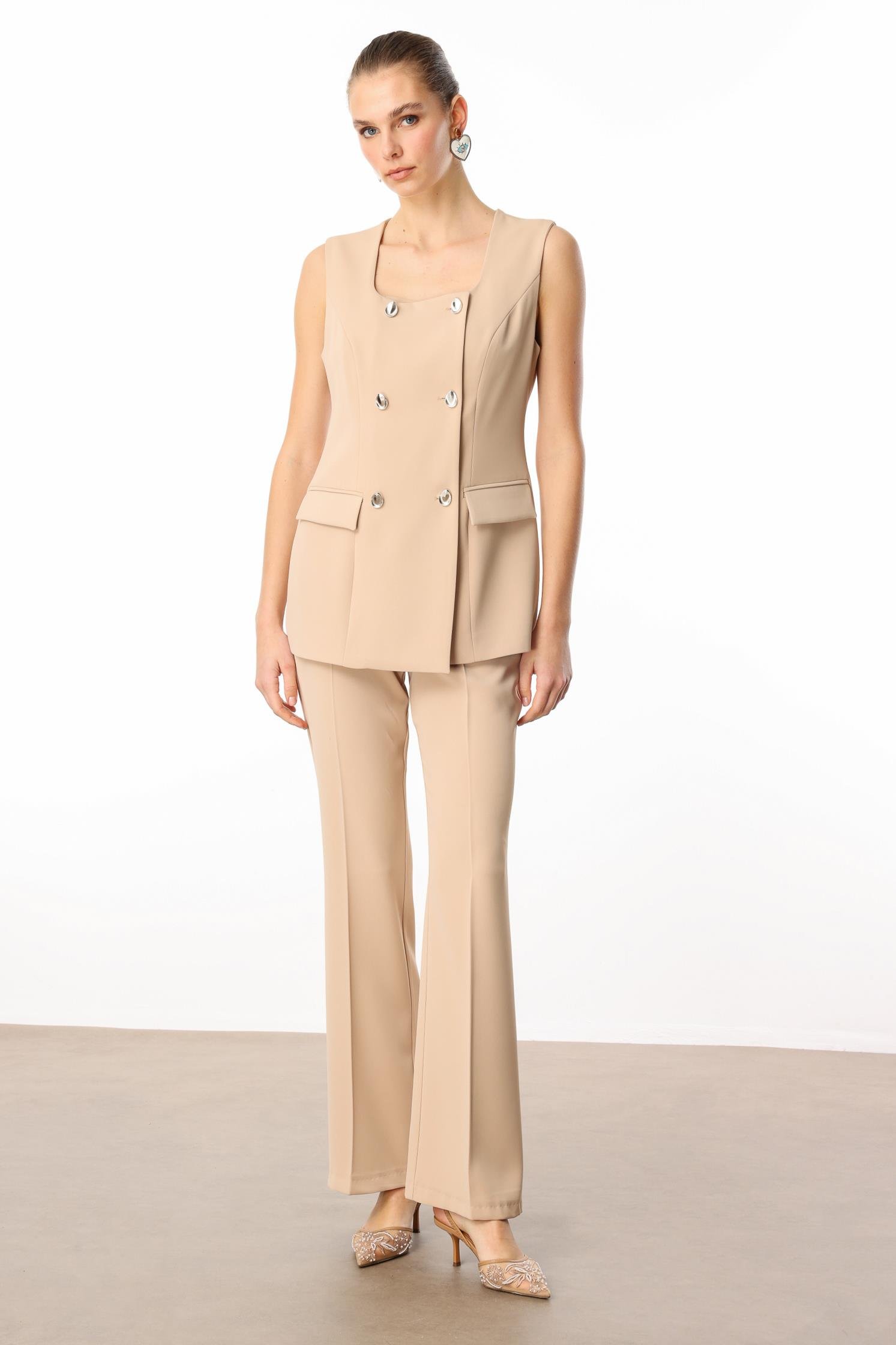 Modailgi  Çift Düğme Detaylı Kare Yaka Uzun Yelek Taş