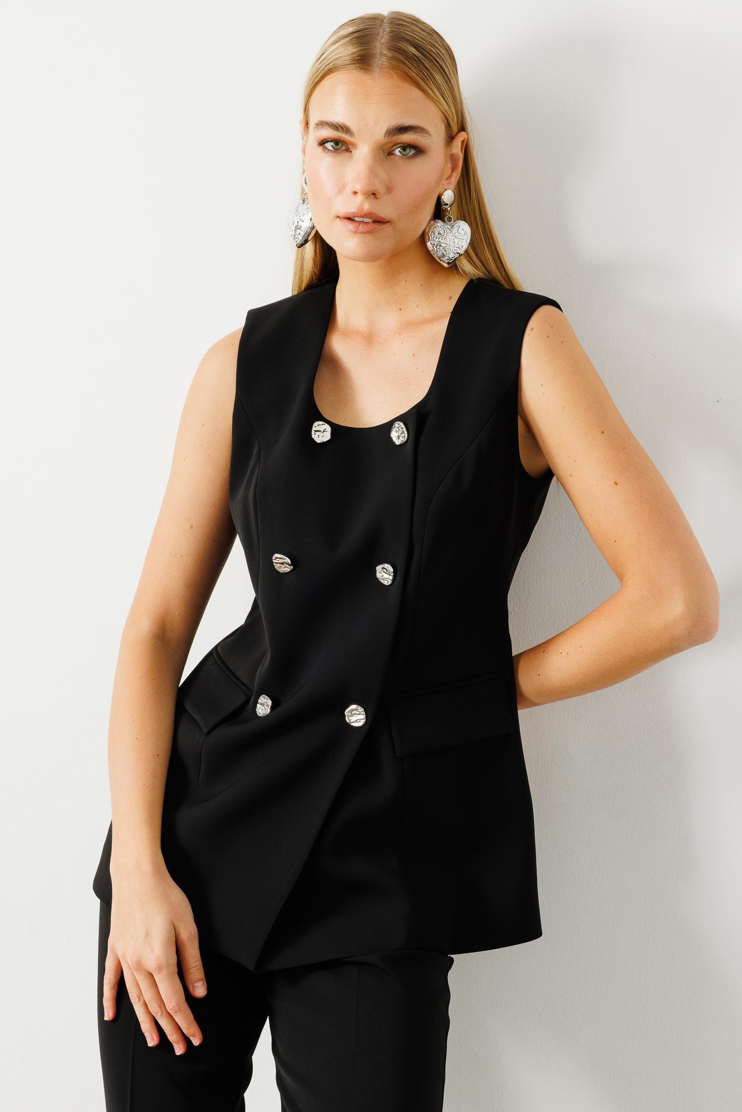 Modailgi  Çift Düğme Detaylı Kare Yaka Uzun Yelek Siyah