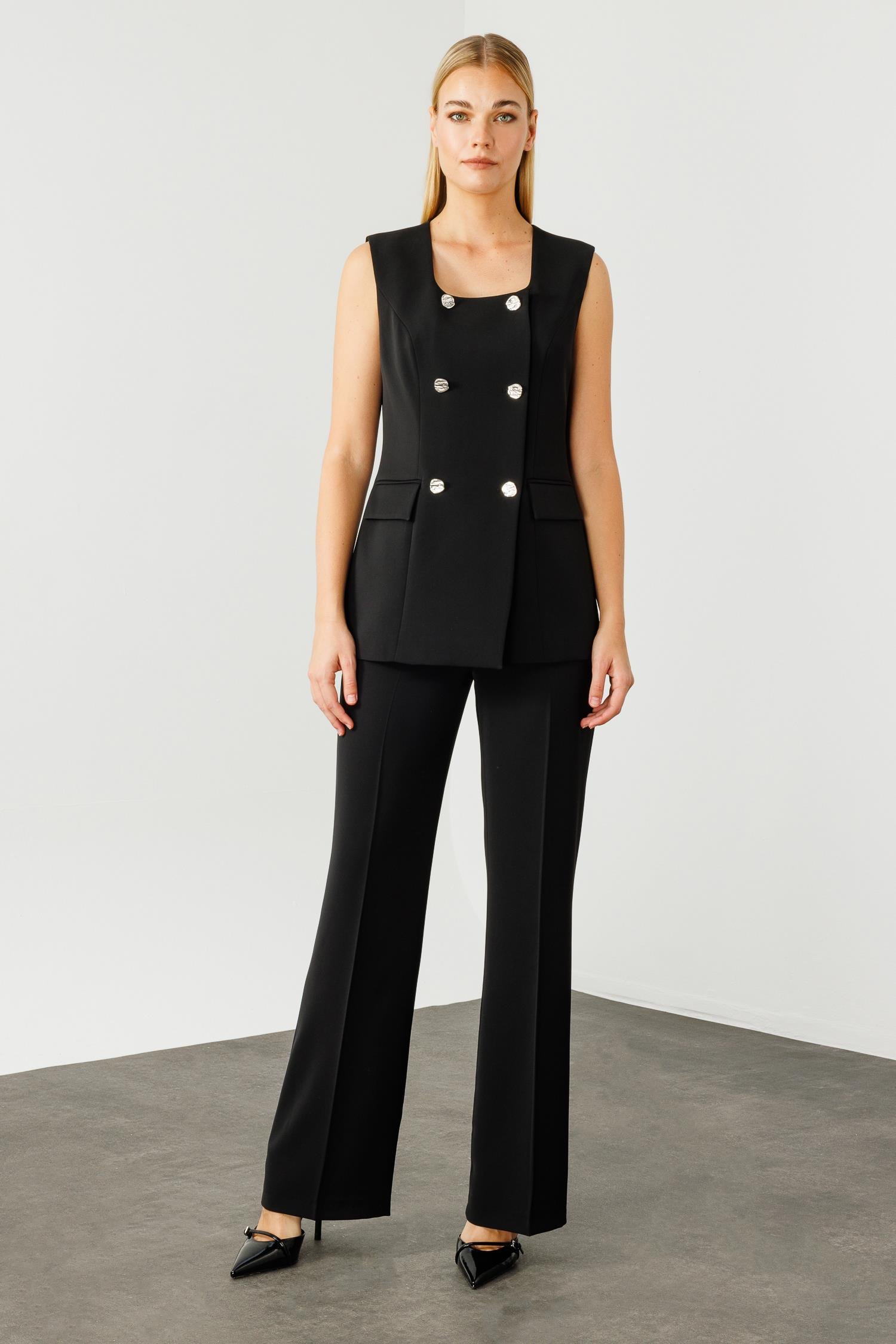 Modailgi  Çift Düğme Detaylı Kare Yaka Uzun Yelek Siyah