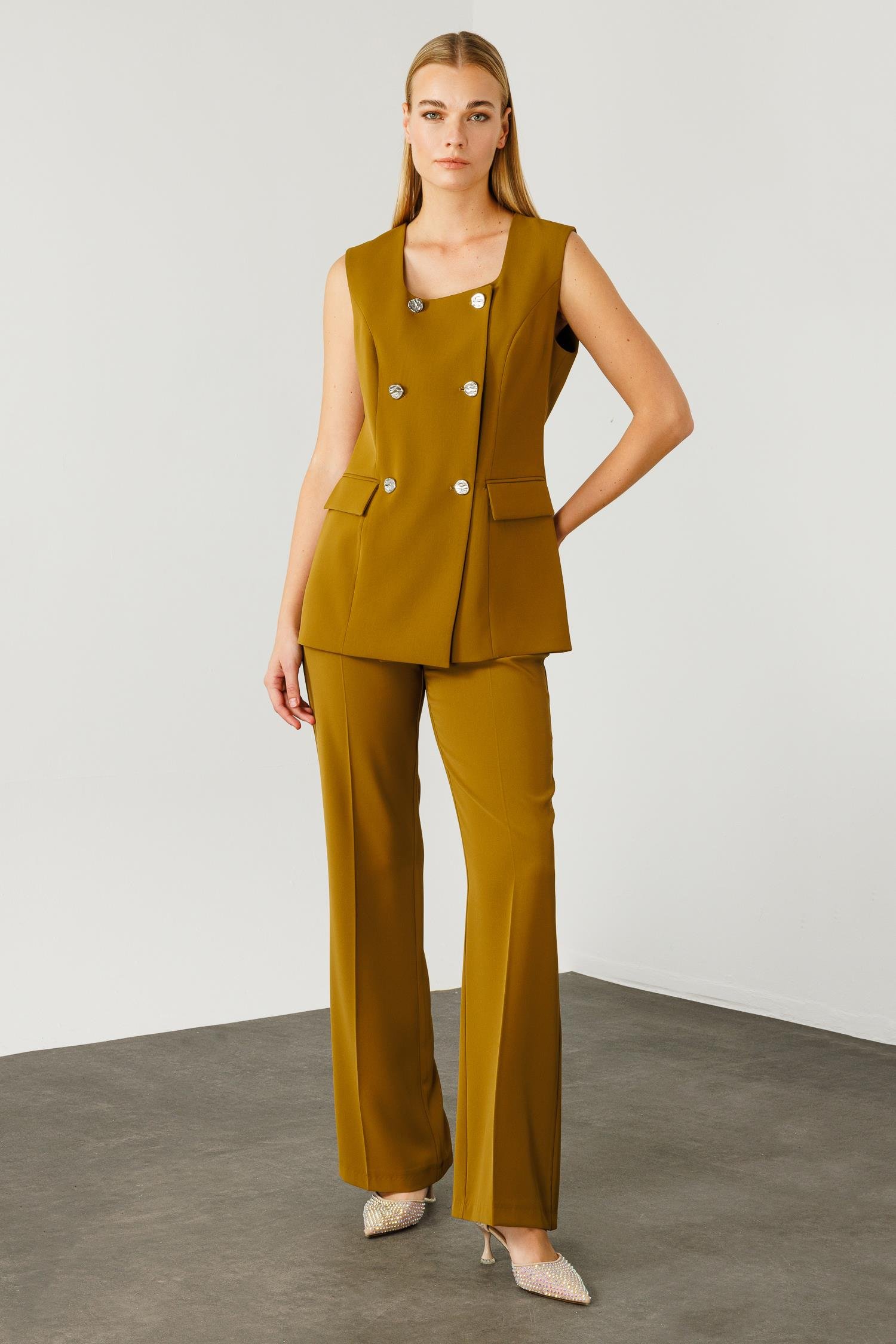 Modailgi  Çift Düğme Detaylı Kare Yaka Uzun Yelek Olive