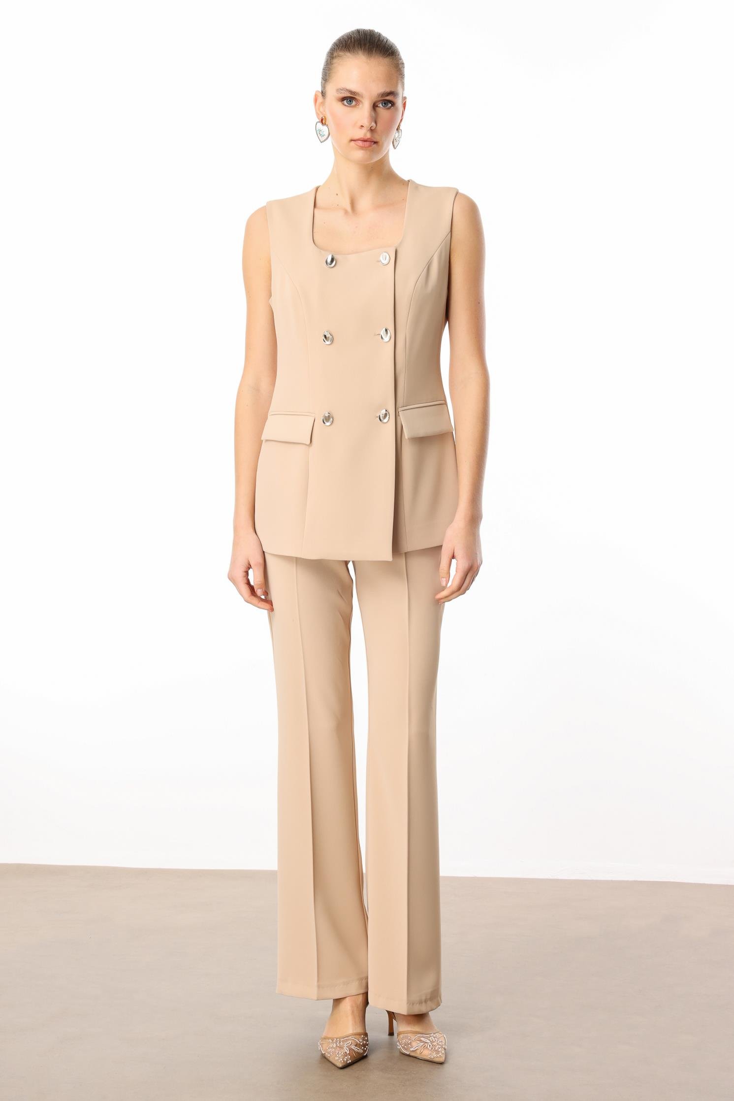 Modailgi  Çift Düğme Detaylı Kare Yaka Uzun Yelek Taş