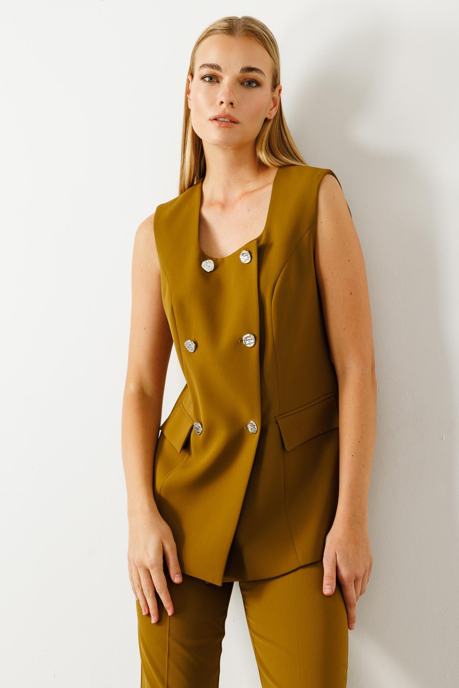 Modailgi  Çift Düğme Detaylı Kare Yaka Uzun Yelek Olive