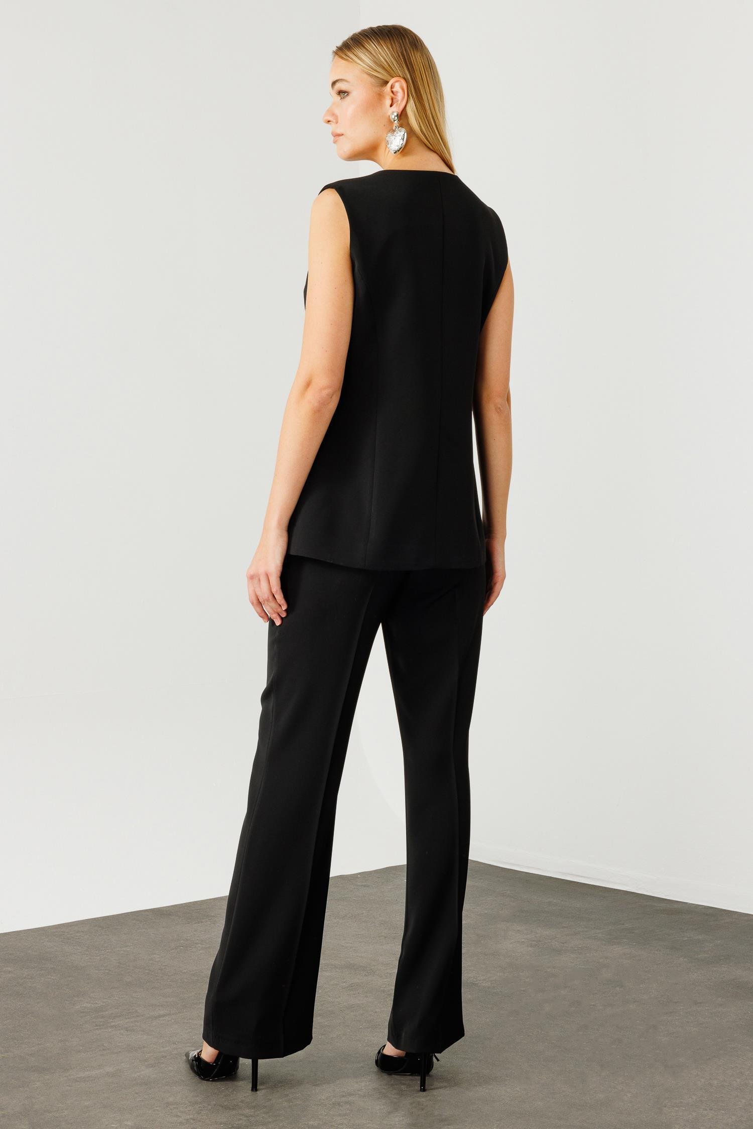 Modailgi  Çift Düğme Detaylı Kare Yaka Uzun Yelek Siyah