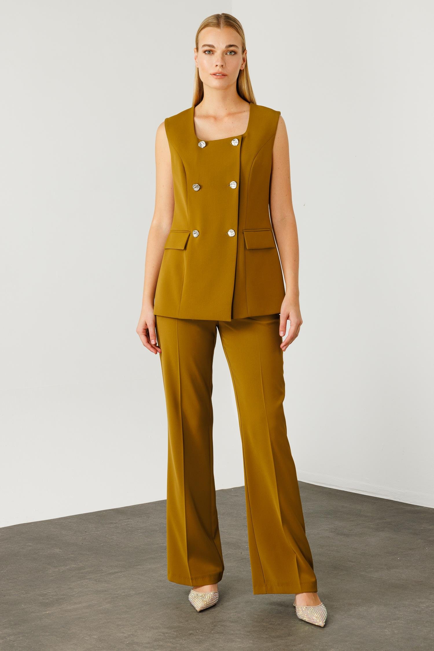 Modailgi  Çift Düğme Detaylı Kare Yaka Uzun Yelek Olive