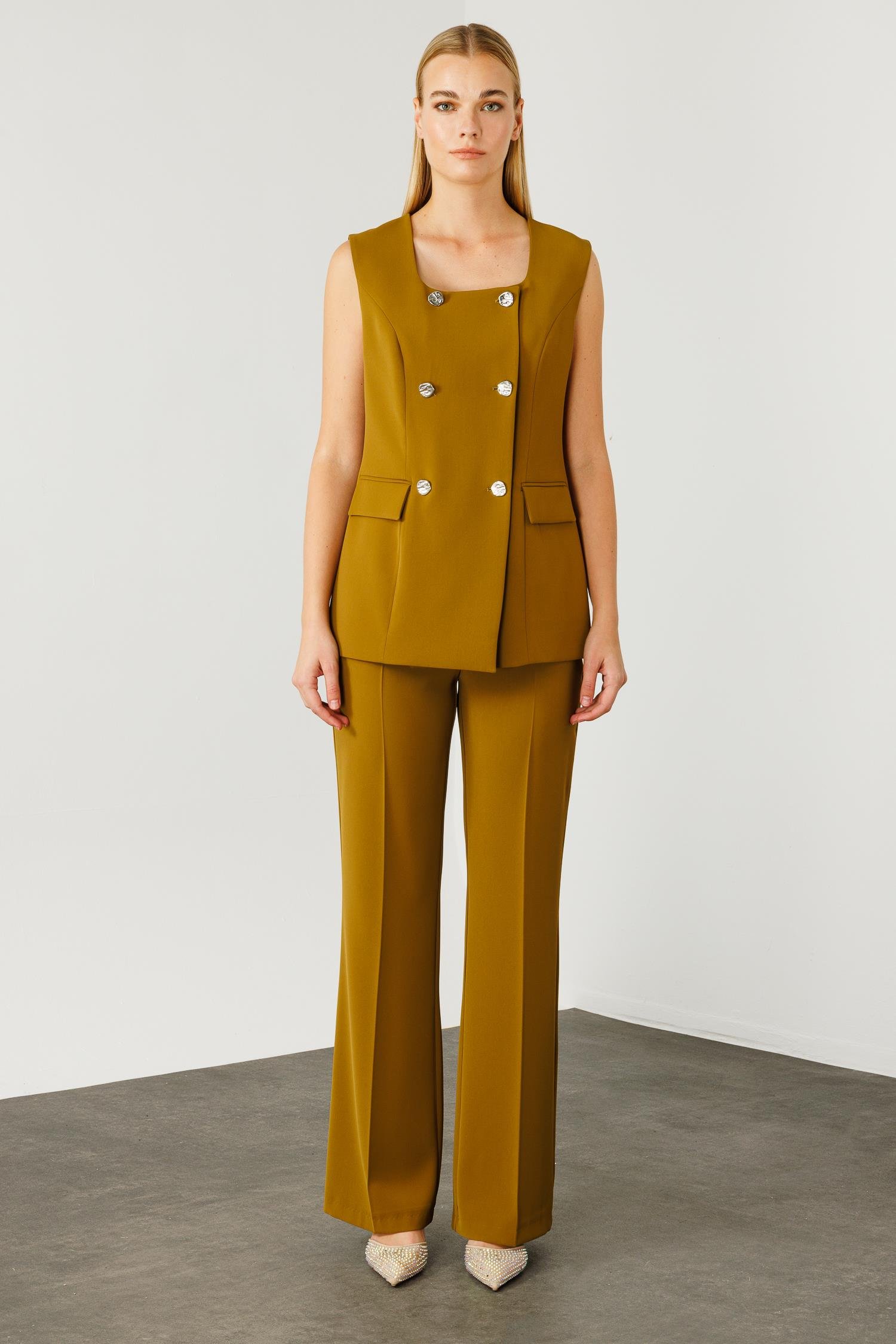 Modailgi  Çift Düğme Detaylı Kare Yaka Uzun Yelek Olive