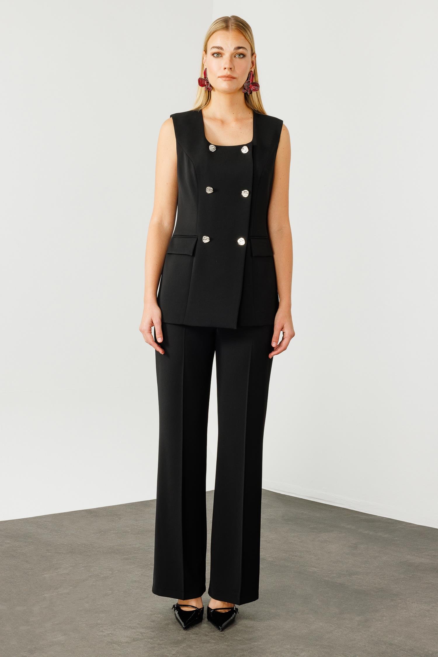 Modailgi  Çift Düğme Detaylı Kare Yaka Uzun Yelek Siyah