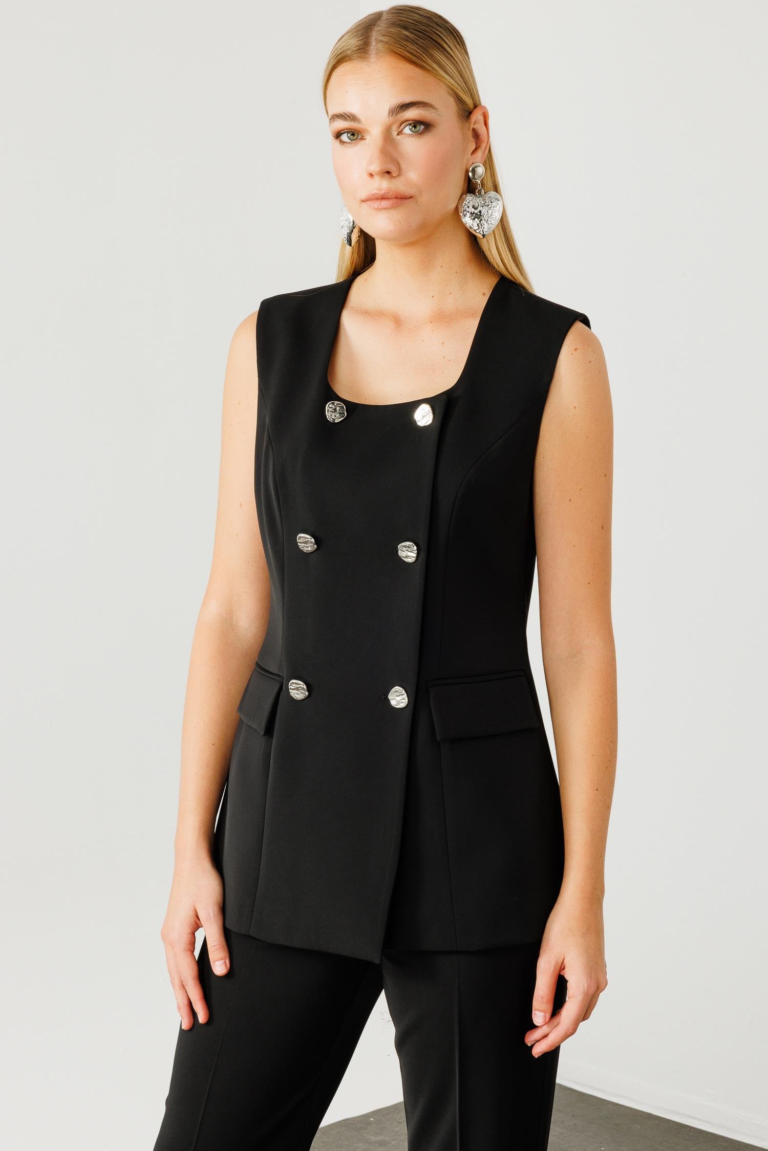 Modailgi  Çift Düğme Detaylı Kare Yaka Uzun Yelek Siyah