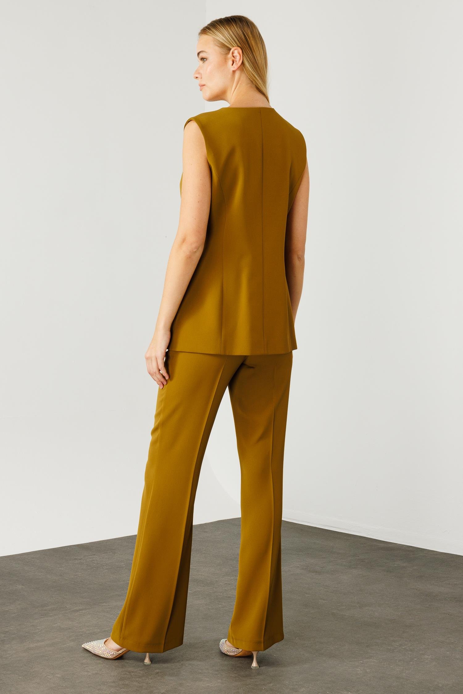 Modailgi  Çift Düğme Detaylı Kare Yaka Uzun Yelek Olive